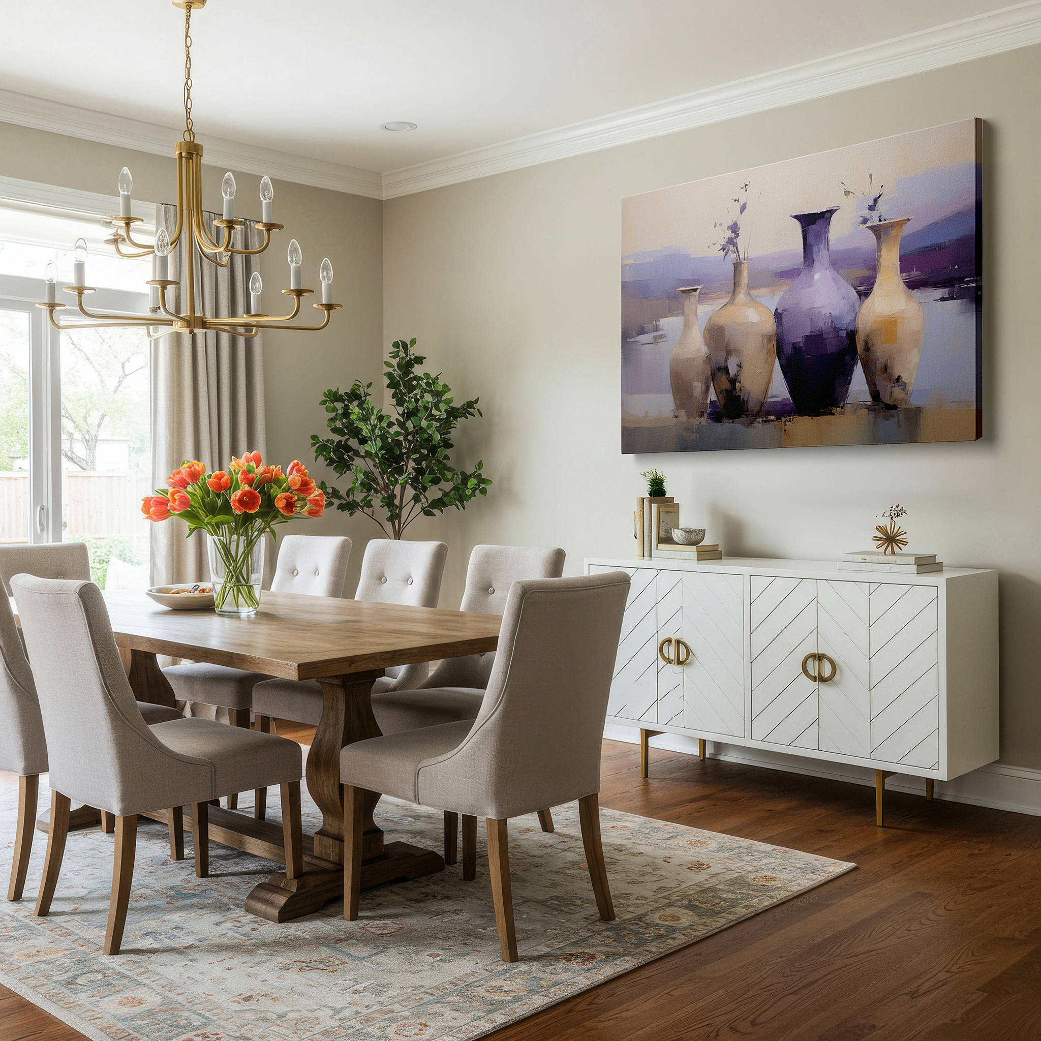 Positioned above a console table between ceramic vases — contemporary vases by calm waters: a vibrant mix of vivid hues and peaceful imagery - oversized wall art, canvas prints, wall decor, office artwork