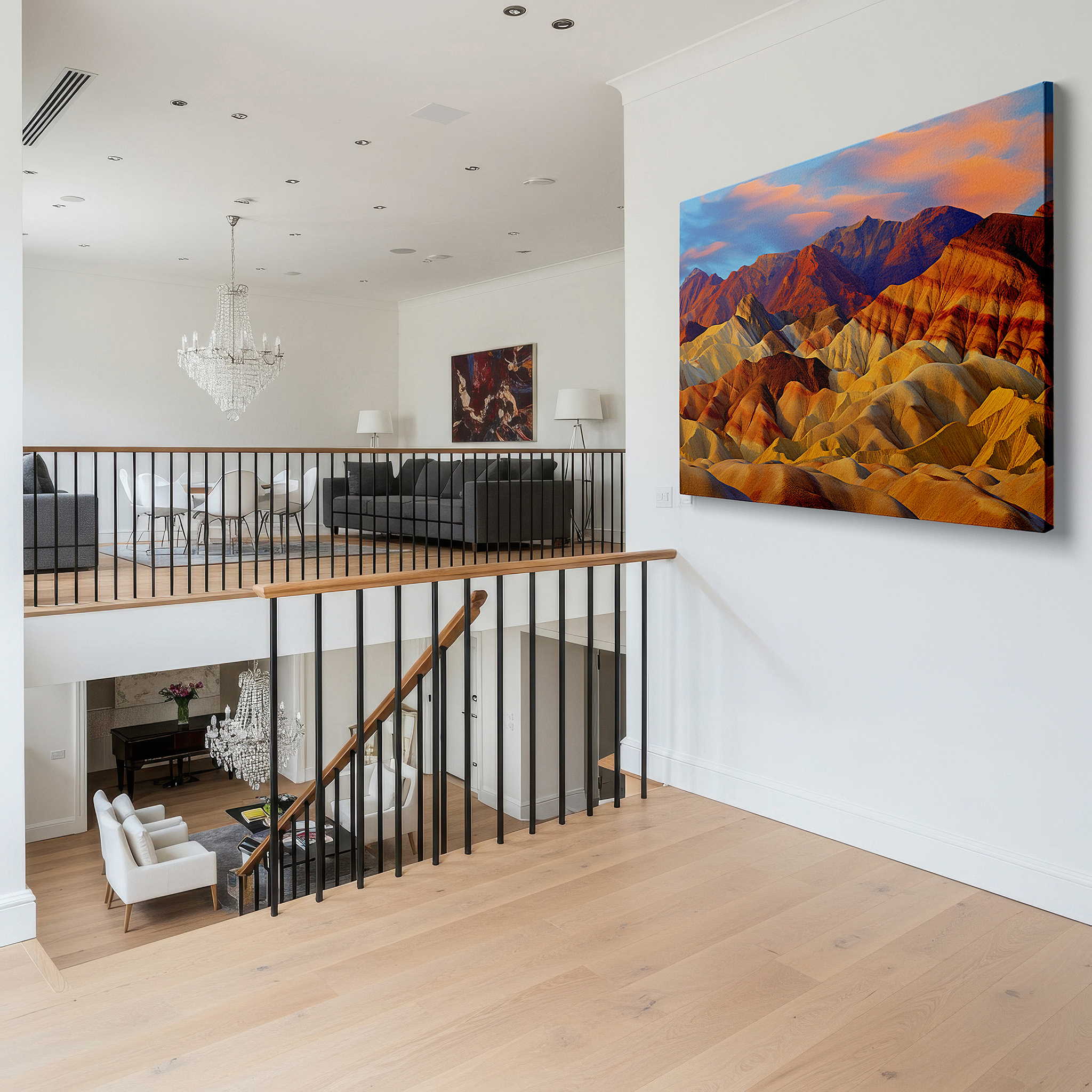 Positioned above a console table between ceramic vases — desert twilight embrace - stunning landscape with rolling hills and majestic mountains, large canvas wall art decor