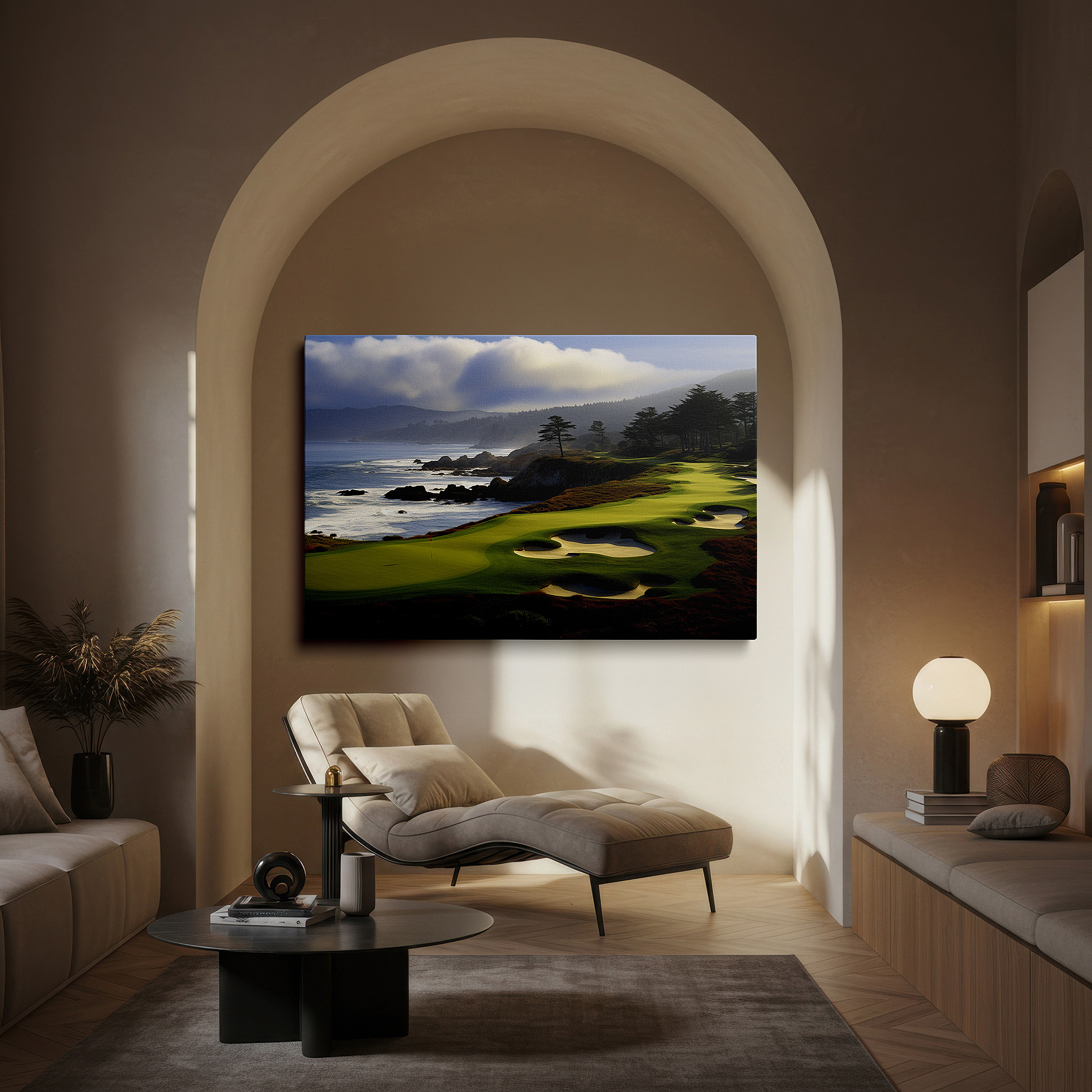 Positioned above a console table between ceramic vases — elegant coastal golf course and rugged shorelines large wall art, dramatic sky canvas, office and bedroom wall decor