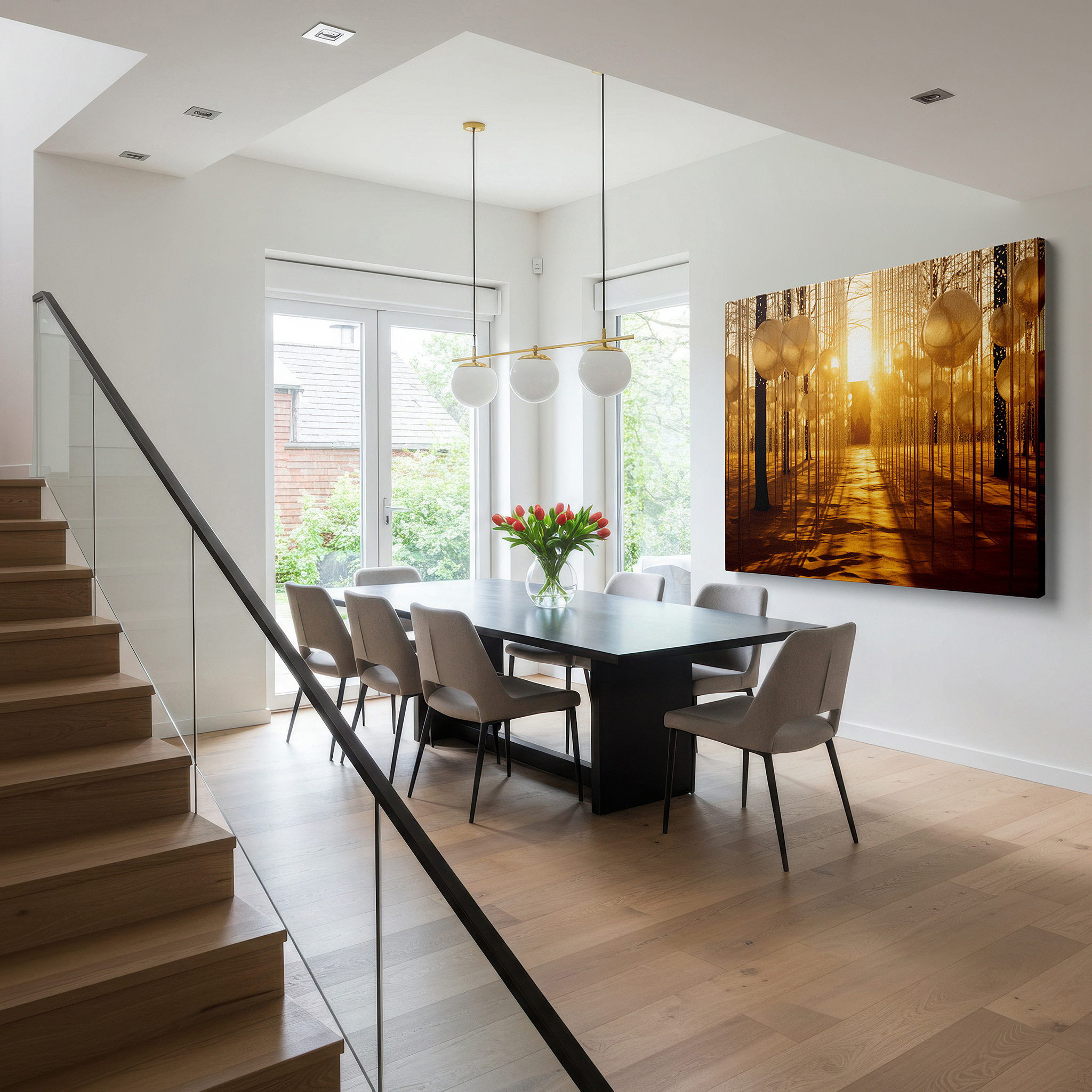 Positioned above a console table between ceramic vases — enchanted forest and abstract light fusion: innovative nature-themed large wall art for offices and bedrooms