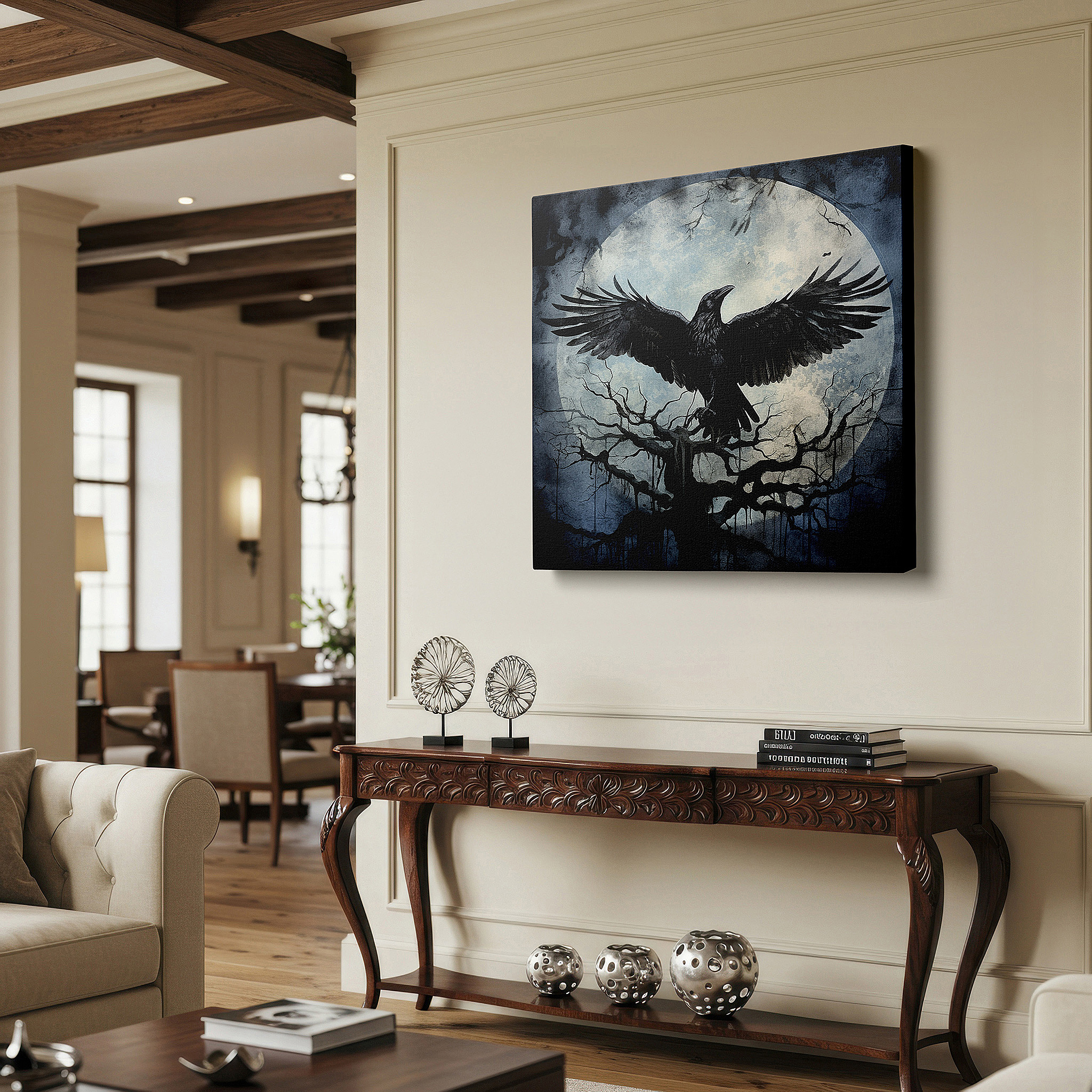 Positioned above a console table between ceramic vases — enigmatic raven on a withered branch under a mystical moon - large canvas wall art for office and bedroom decor