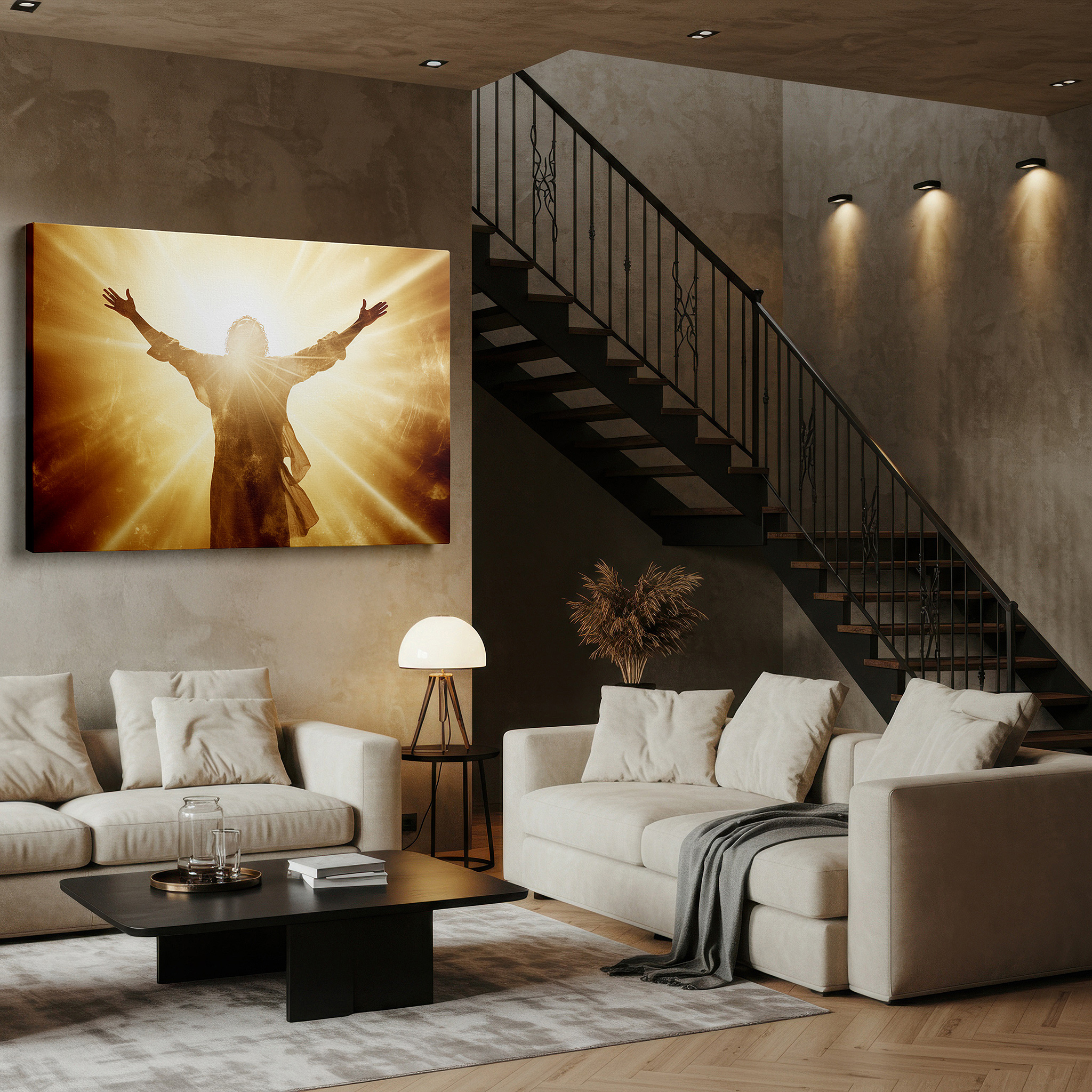 Positioned above a console table between ceramic vases — enlightened being in golden radiance - emblem of spiritual awakening and enlightenment, large wall art, canvas wall art, wall decor, office wall art