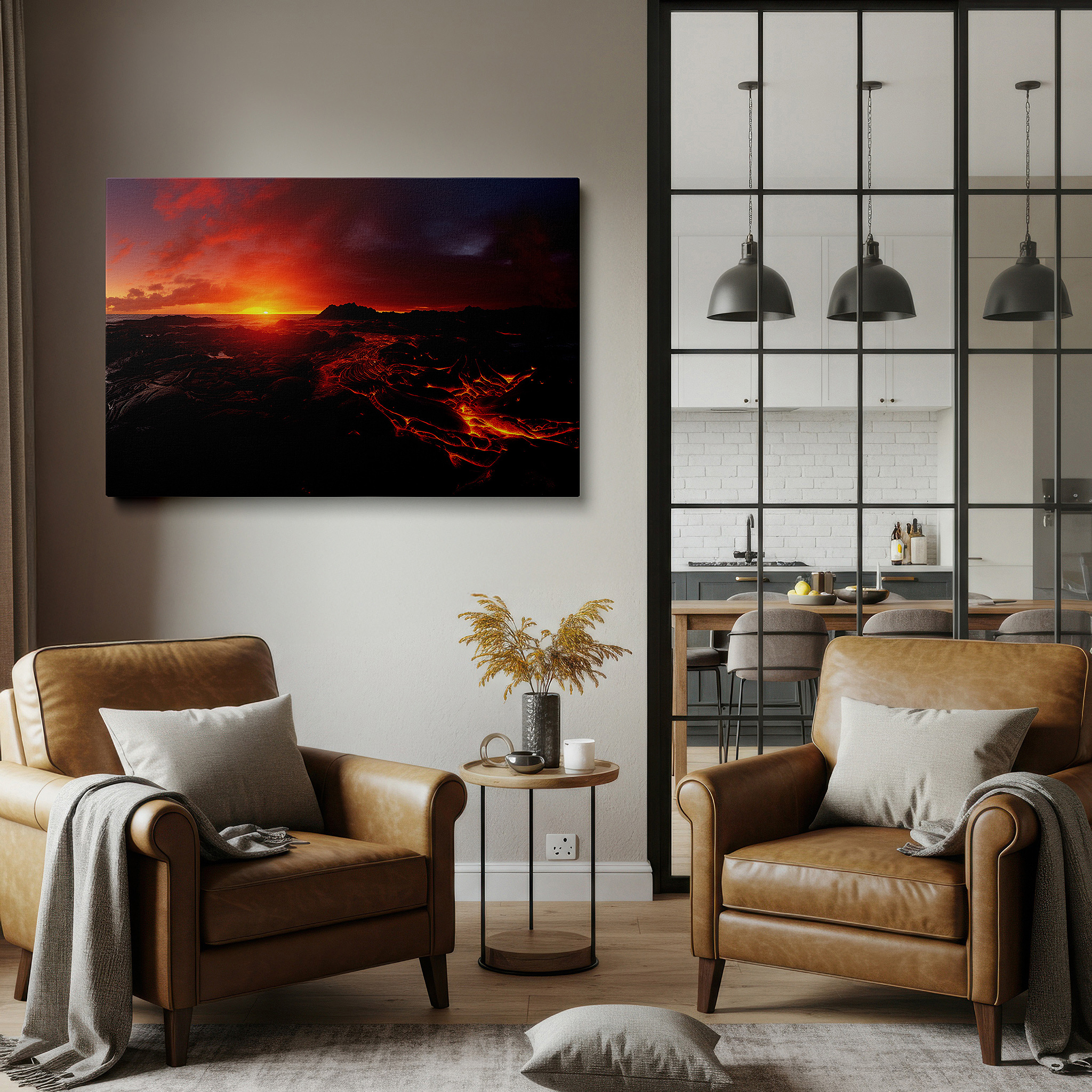Positioned above a console table between ceramic vases — fiery eruption and serene ocean at sunset: a vivid dance of creation and destruction - large wall art, canvas wall art, wall decor for office