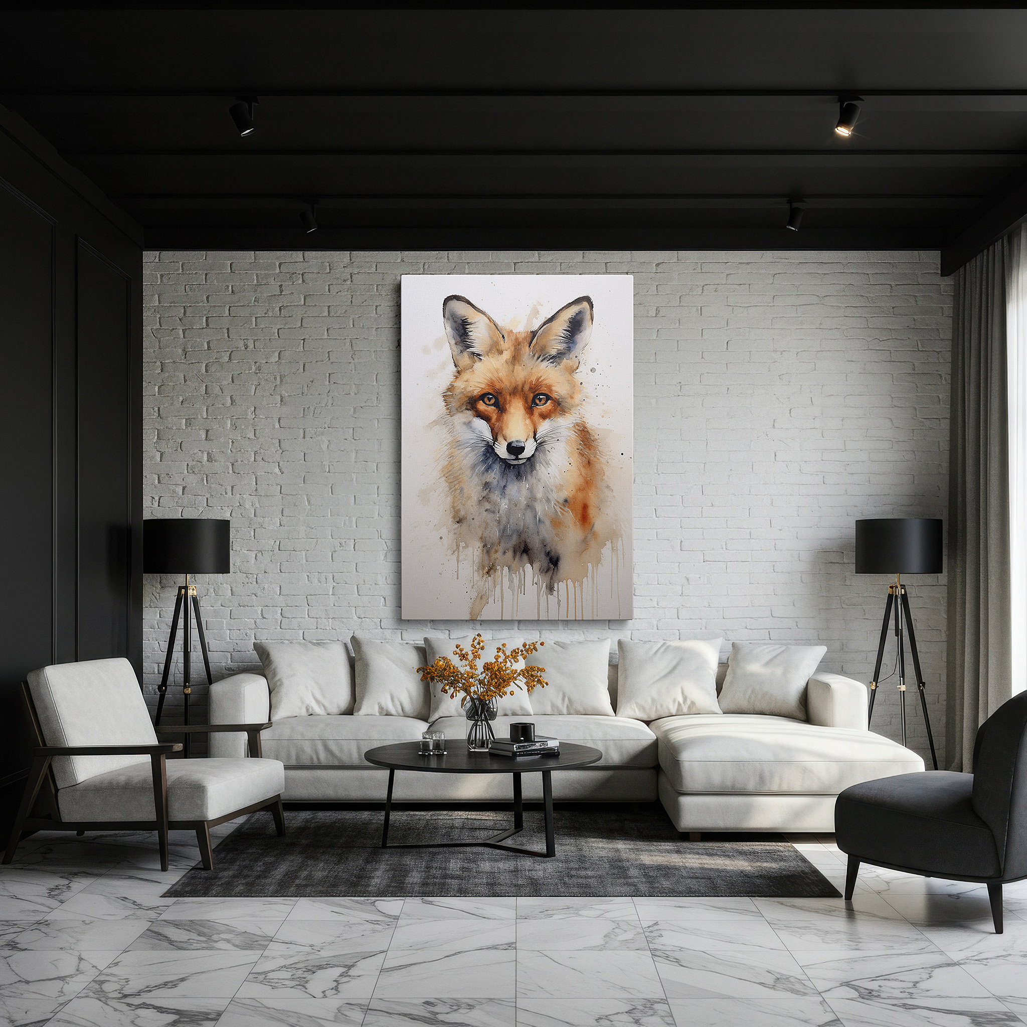 Positioned above a console table between ceramic vases — fiery-hued majestic fox: a vivid watercolor masterpiece with an engaging gaze, large wall art, canvas wall art, wall art decor, office wall art