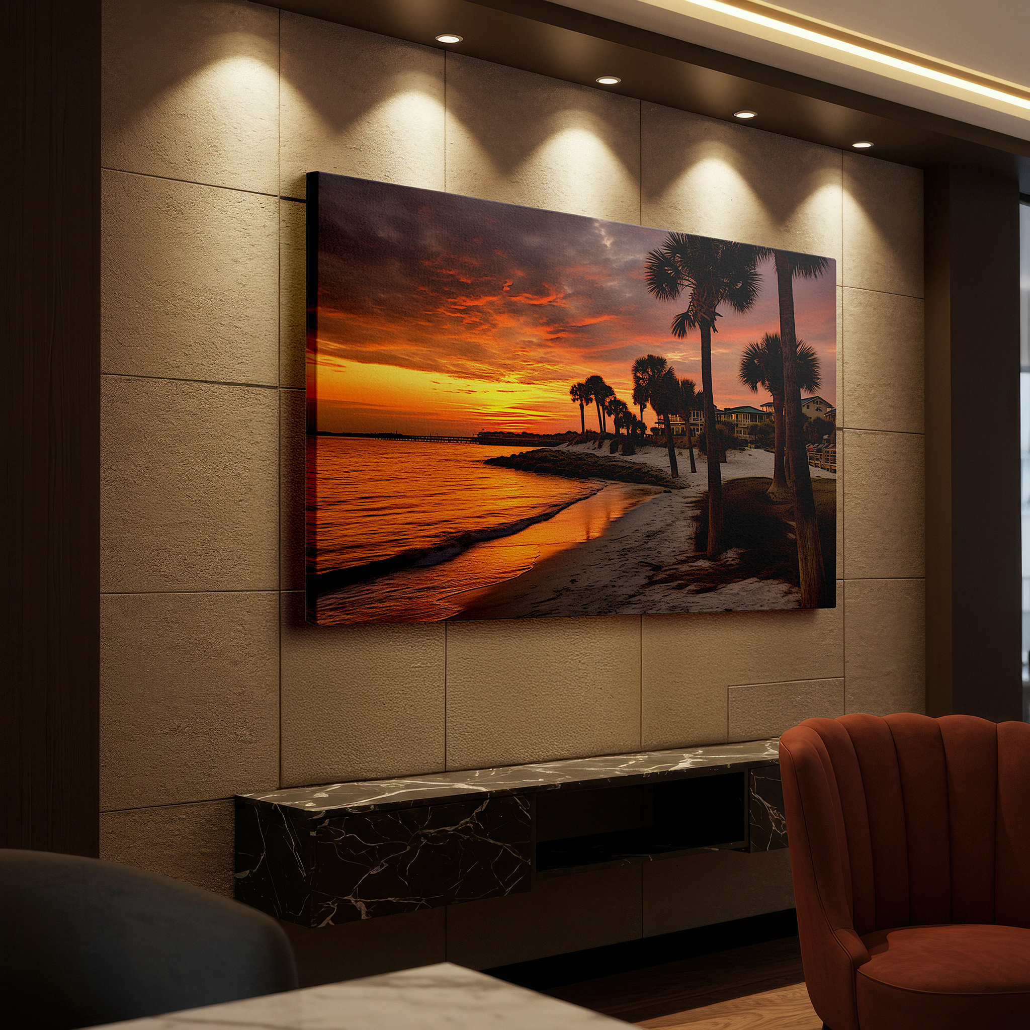 Positioned above a console table between ceramic vases — fiery sunset and palm silhouette reflections on sandy beach - large canvas wall art for office and bedroom decor