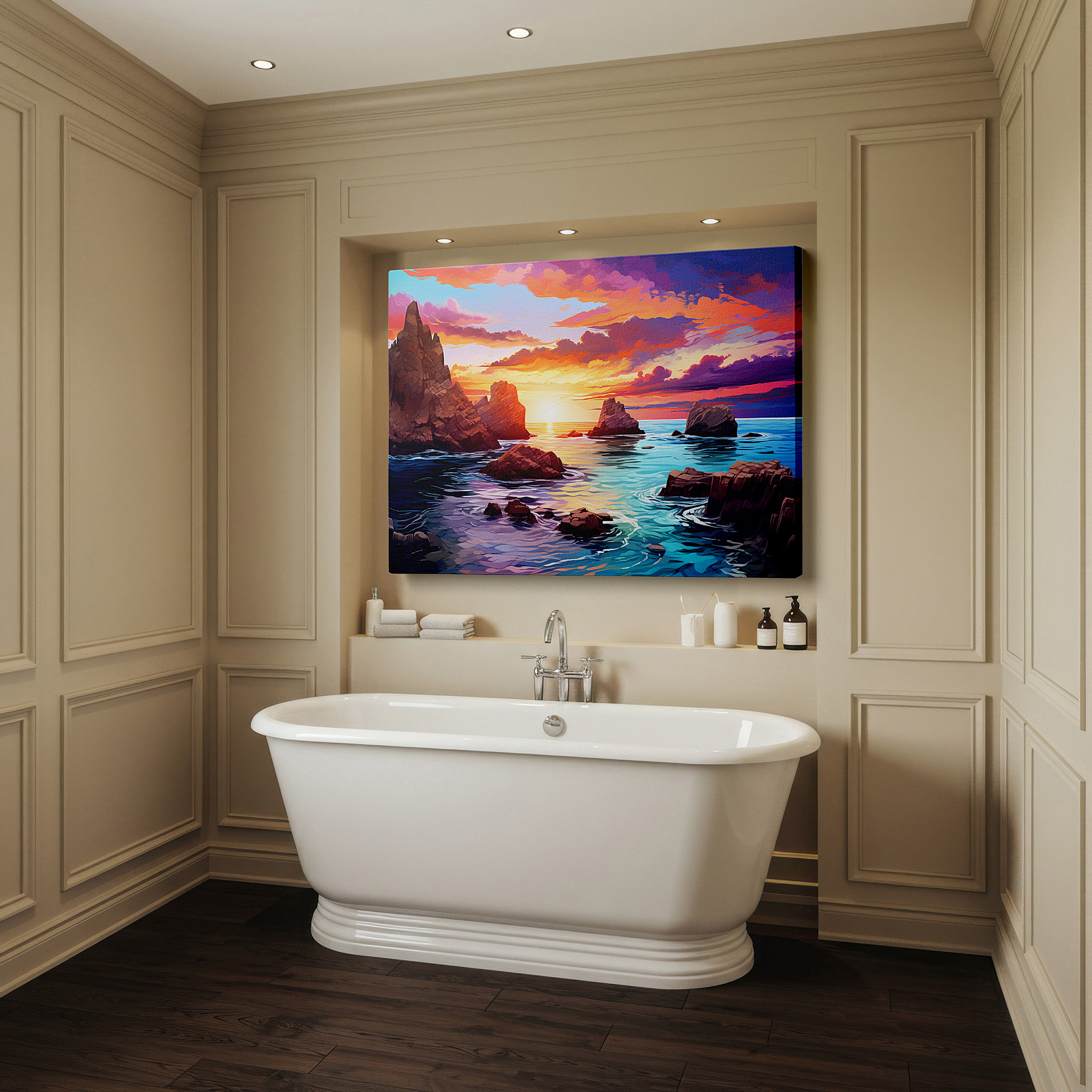 Positioned above a console table between ceramic vases — fiery sunset seascape with tranquil waters: a serene reflection - large canvas wall art for home and office decor