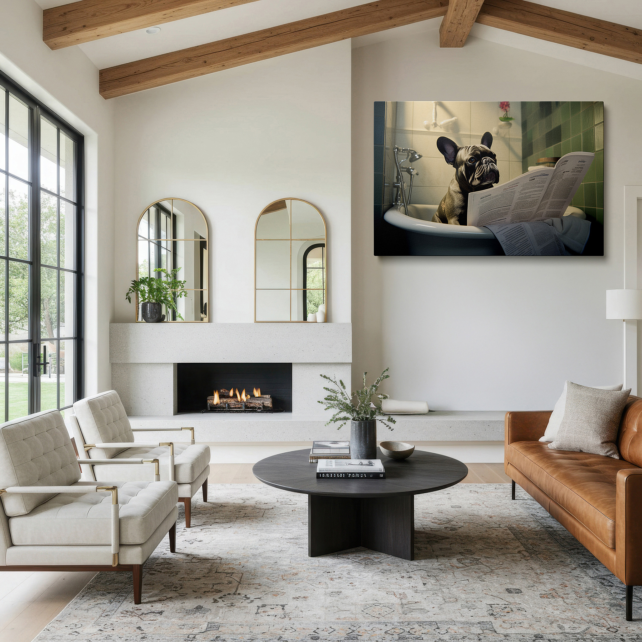 Positioned above a console table between ceramic vases — french bulldog enjoys cozy bathroom read large wall art, canvas wall art, wall art decor, office wall art, bedroom wall art, living room wall art