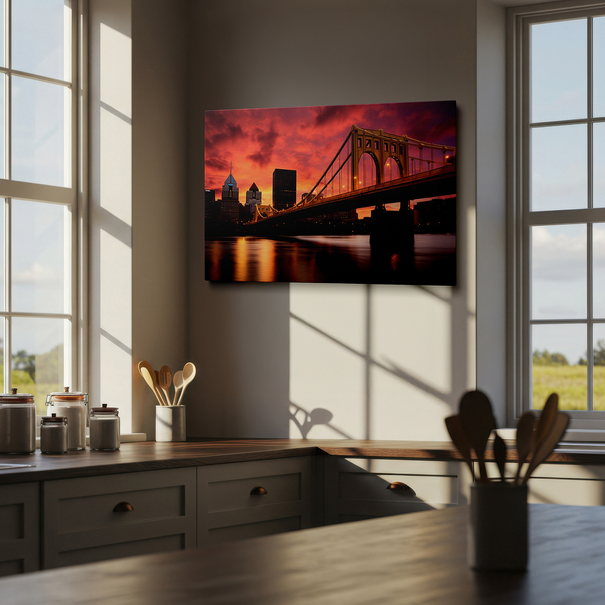 Positioned above a console table between ceramic vases — golden bridge at dusk: nature and cityscape in harmony under a radiant sunset - large wall art, canvas wall art, wall decor for office