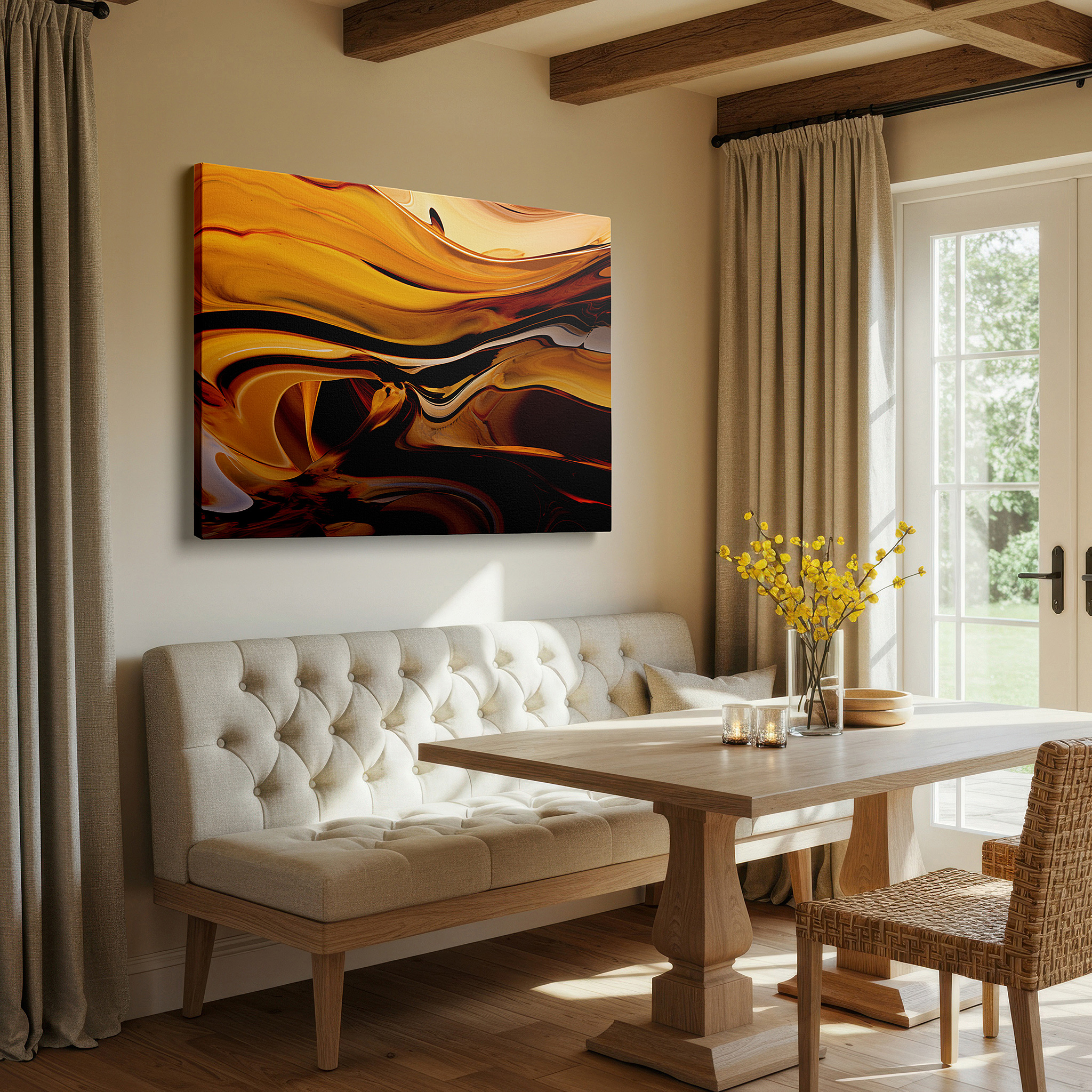 Positioned above a console table between ceramic vases — golden and brown swirls in abstract design, stunning natural and artistic fusion, large canvas wall art for home and office decor
