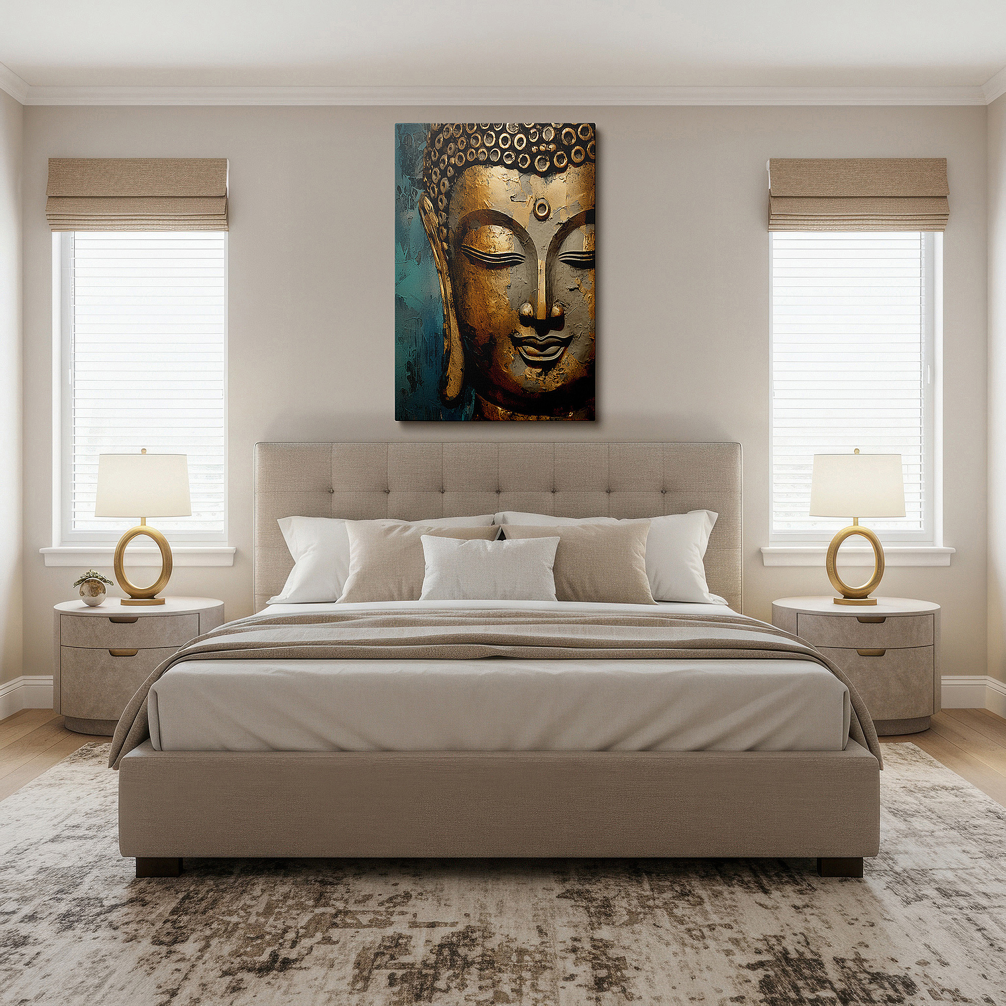 Positioned above a console table between ceramic vases — golden buddha wall art for living room: a sanctuary of serenity and spiritual depth. ideal for office, bedroom, and home decor, available as large canvas wall art.