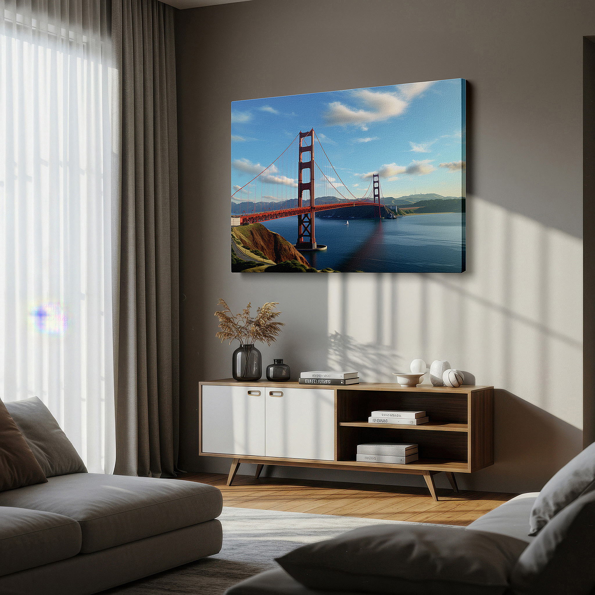 Positioned above a console table between ceramic vases — golden gate bridge wall art: majestic scene with tranquil san francisco skies - large canvas for home and office decor, perfect for living room and bedroom