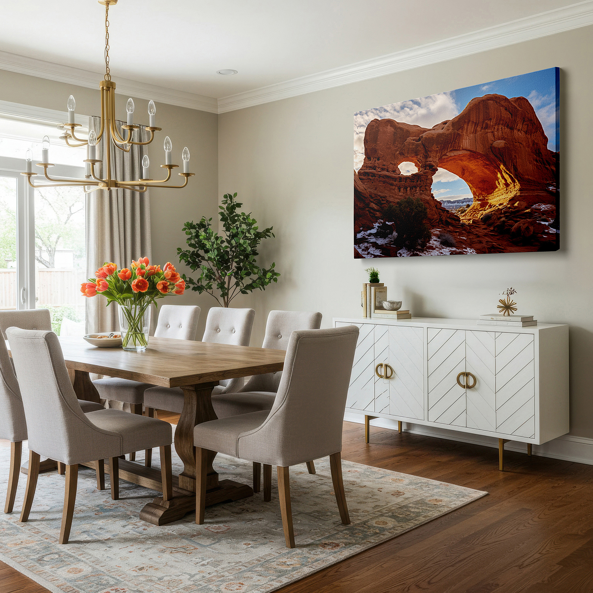 Positioned above a console table between ceramic vases — golden sunlit majestic arches: windows to the world - large canvas wall art for office and bedroom decor