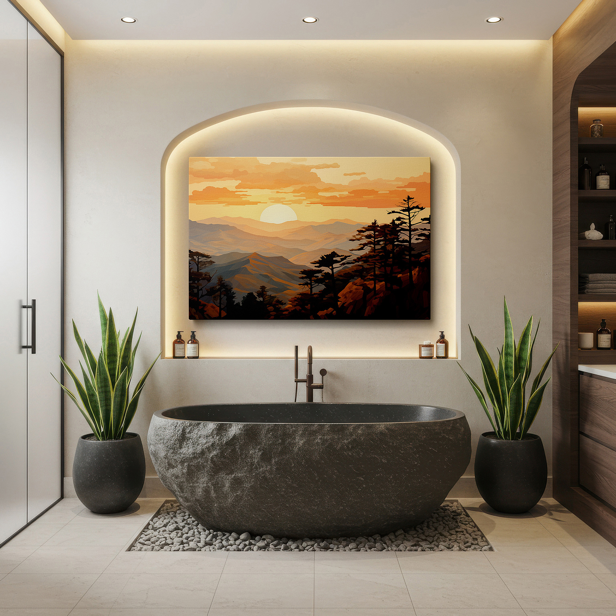 Positioned above a console table between ceramic vases — golden sunrise over majestic mountains: a vivid landscape of light and shadow - large canvas wall art for office and bedroom decor