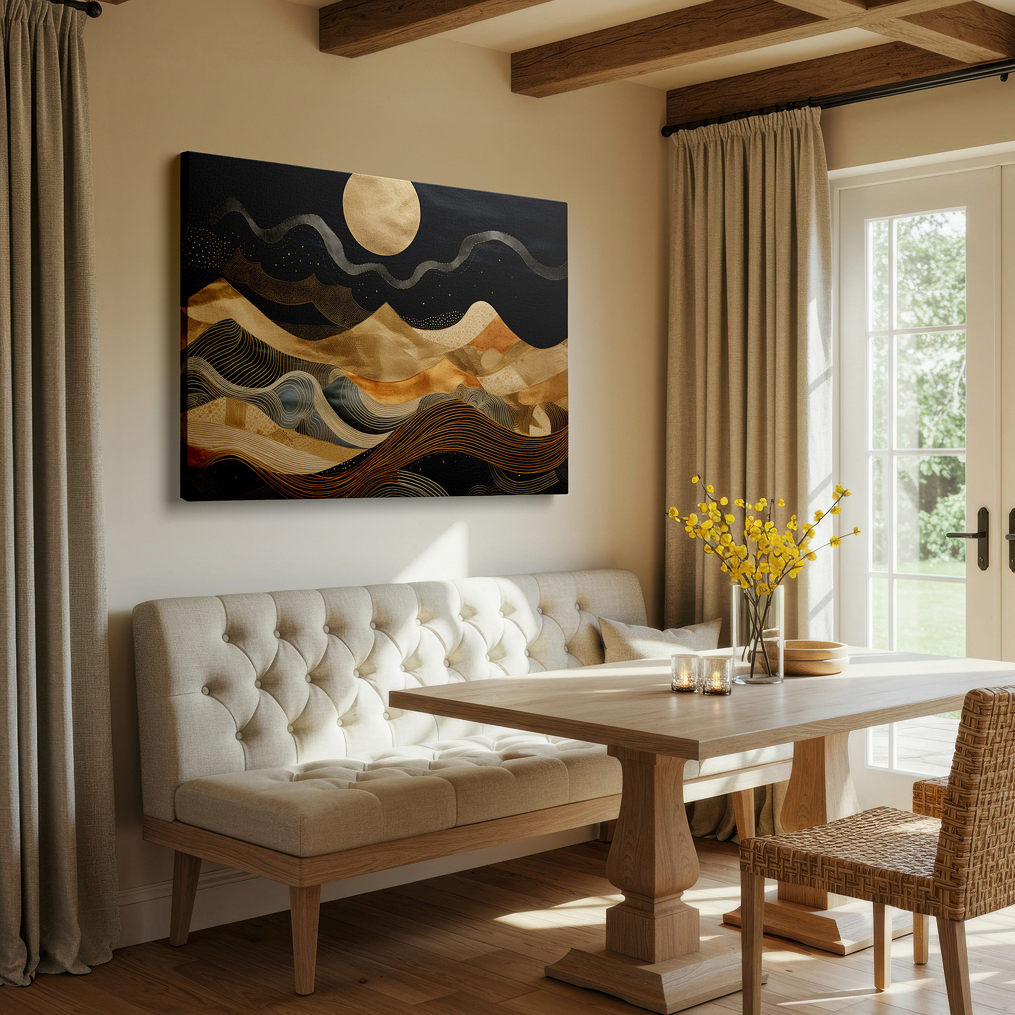 Positioned above a console table between ceramic vases — golden waves and bright moon in a mysterious abstract landscape, large canvas wall art for home and office decor