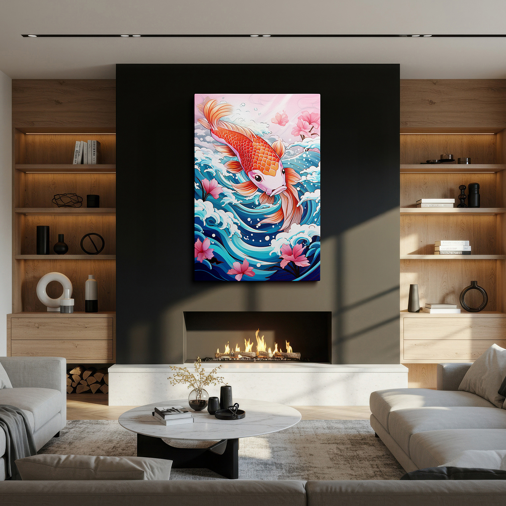 Positioned above a console table between ceramic vases — graceful koi fish swimming in peaceful waters, tranquil and elegant large wall art, canvas wall art, wall decor for office