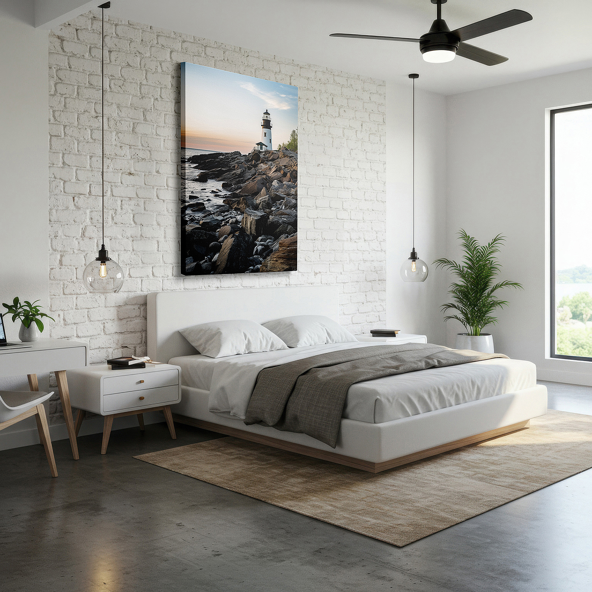 Positioned above a console table between ceramic vases — lighthouse at sunset wall art: majestic beacon against tranquil coastal hues - large canvas for home and office decor