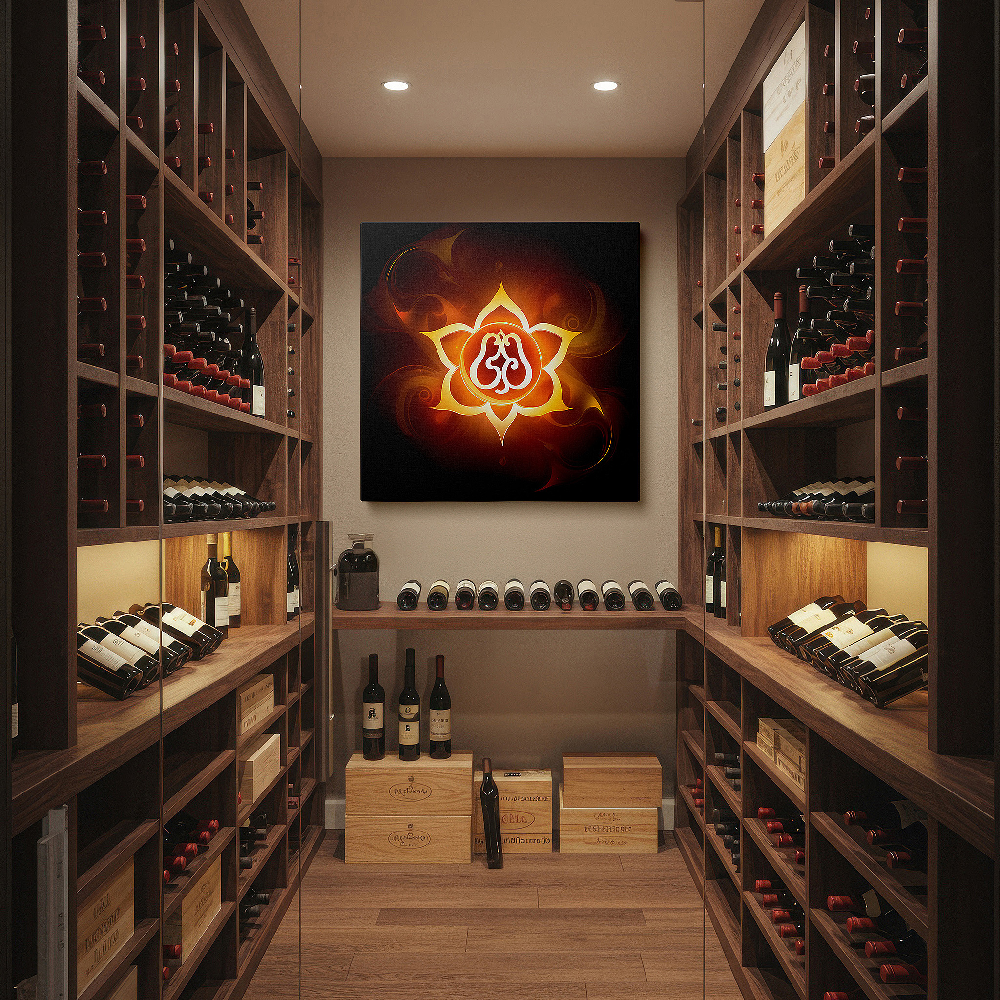 Positioned above a console table between ceramic vases — lotus of enlightenment wall art: radiant symbol of purity and resilience in fiery hues - large canvas art for home and office decor, perfect for living room and bedroom