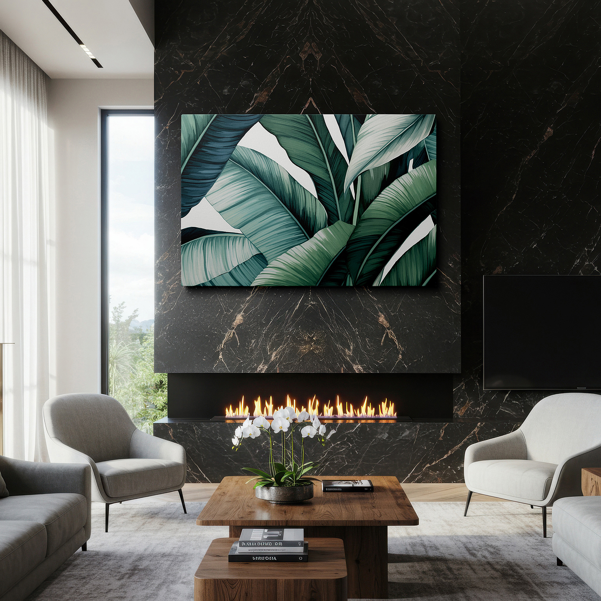 Positioned above a console table between ceramic vases — lush tropical foliage featuring vibrant greens: a peaceful entrance to nature's serenity - large wall art, canvas wall art, wall decor for offices