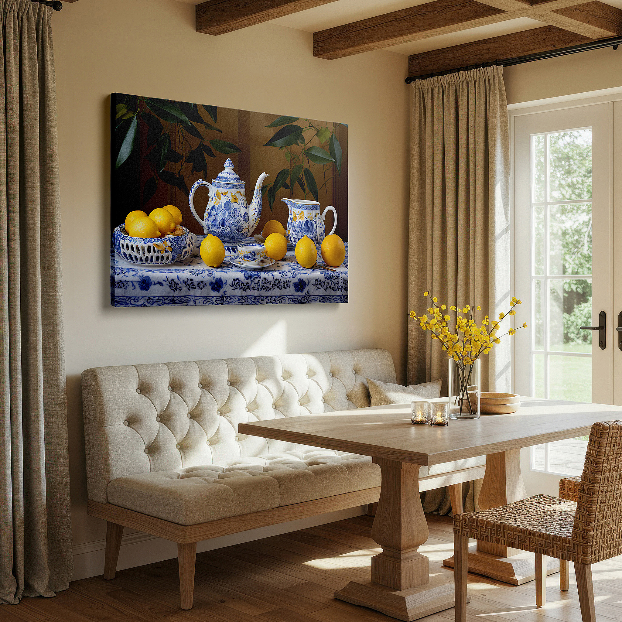 Positioned above a console table between ceramic vases — luxurious tea set with bright lemons on an ornate tablecloth - celebrating hospitality and warmth, large wall art, canvas wall art, wall decor