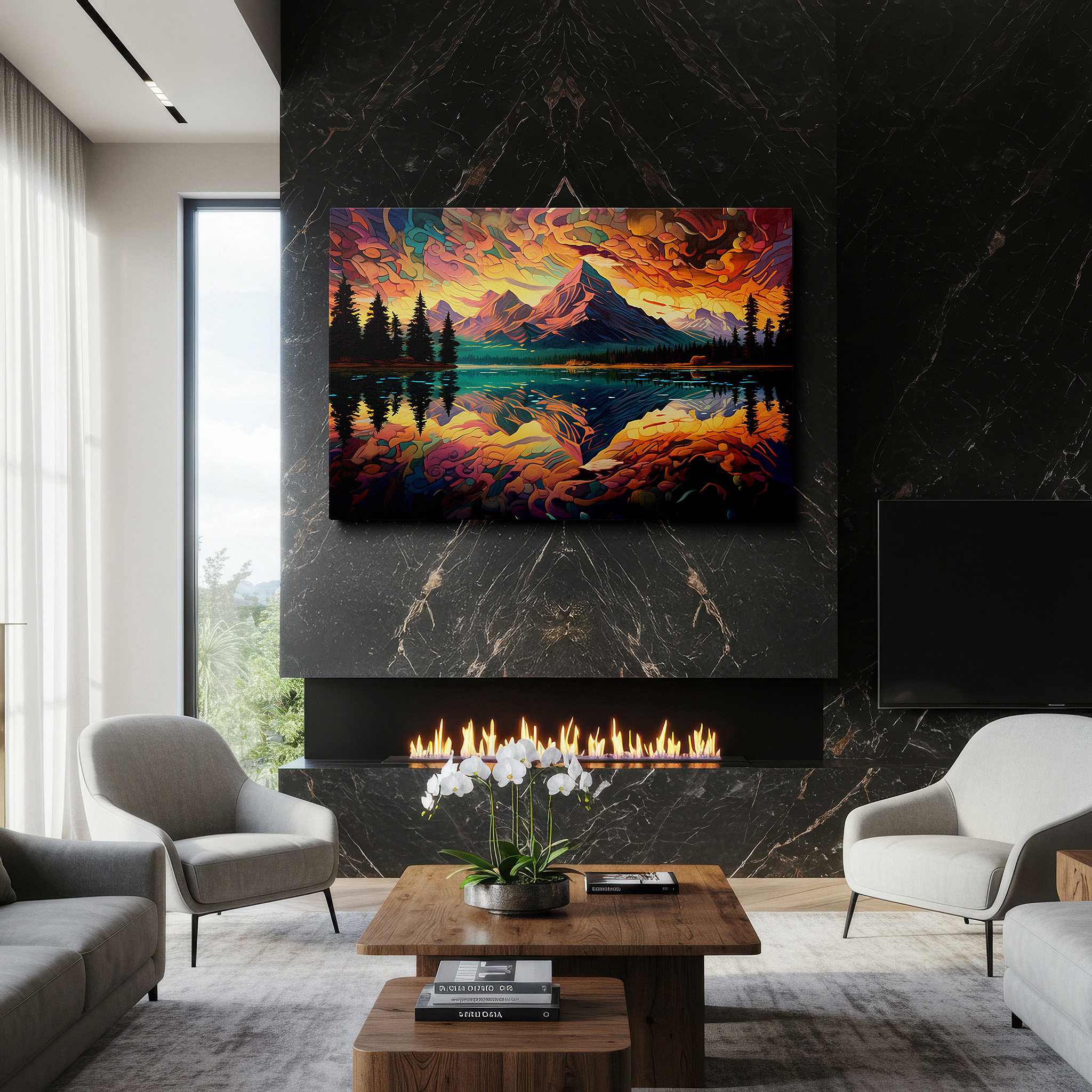 Positioned above a console table between ceramic vases — majestic mountains and radiant skies: a nature's grandeur canvas reflected in a sparkling lake - large wall art for office decor