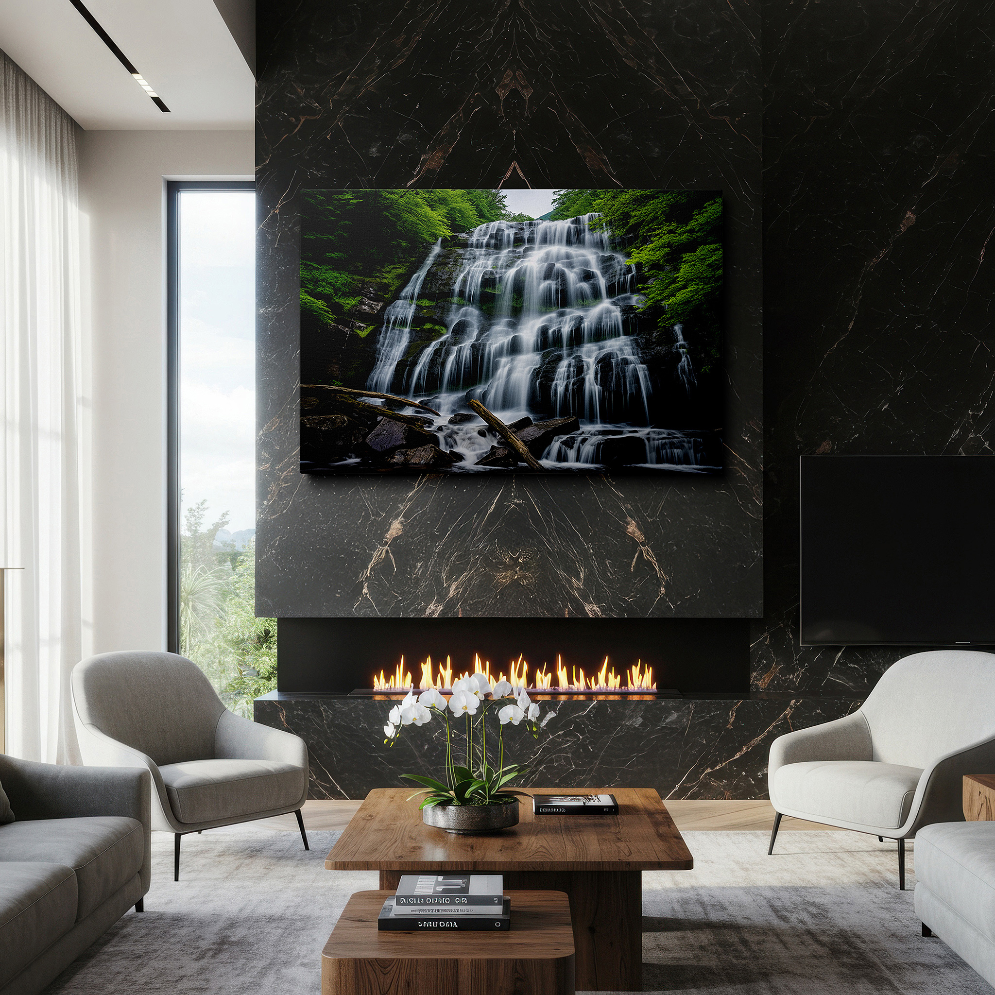 Positioned above a console table between ceramic vases — majestic waterfall surrounded by lush forest, serene getaway with vibrant greenery and dynamic lighting, large wall art, canvas wall art, wall decor for office