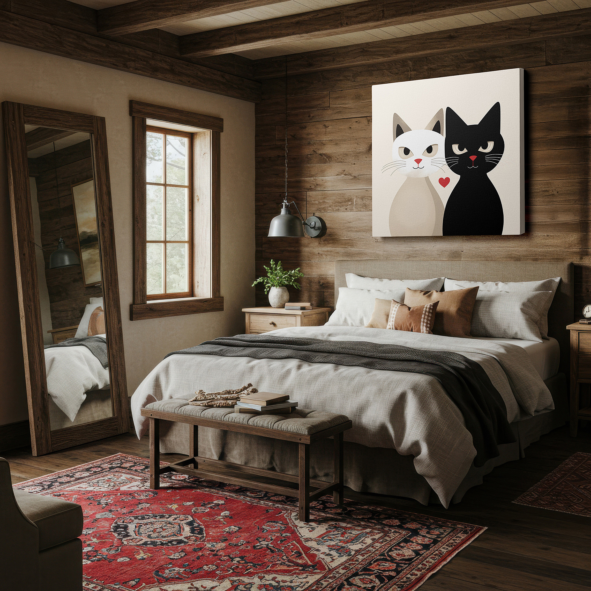 Positioned above a console table between ceramic vases — minimalist cat companionship large wall art: harmonious blend of contrasts, ideal for office, bedroom, and living room decor