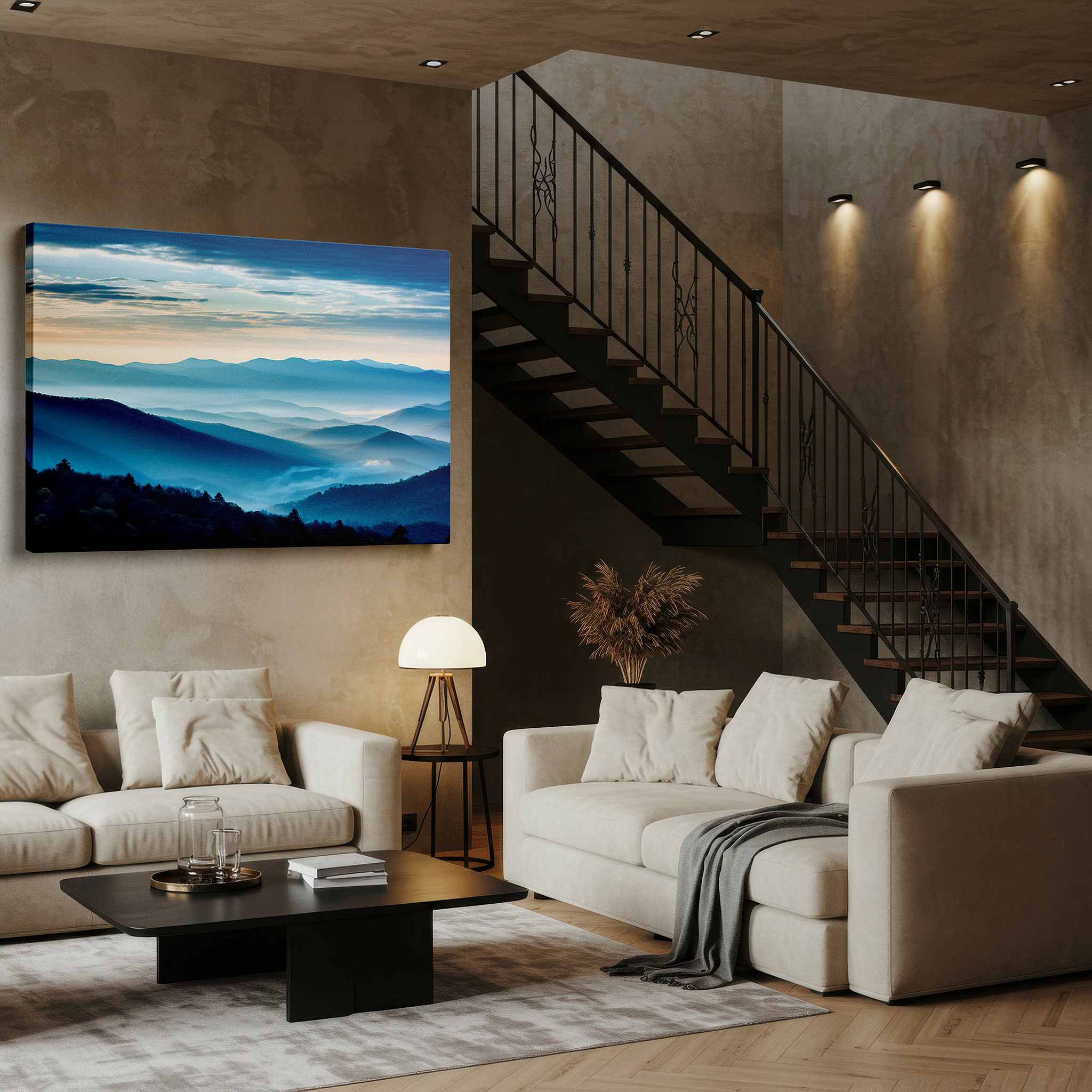 Positioned above a console table between ceramic vases — misty mountain blues at ethereal dawn: tranquil nature escape large canvas wall art for office and bedroom decor