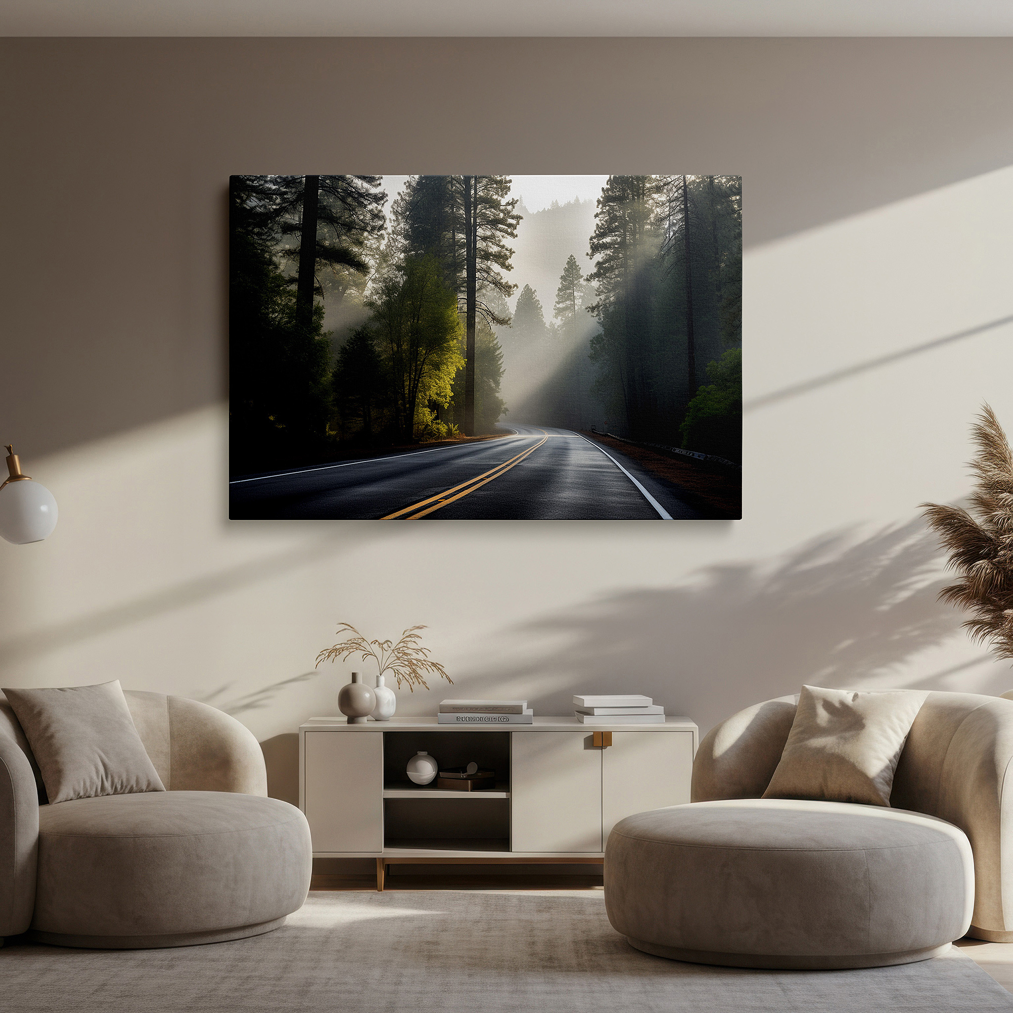 Positioned above a console table between ceramic vases — misty pine forest enchanted morning drive large canvas wall art for office, bedroom, and living room decor