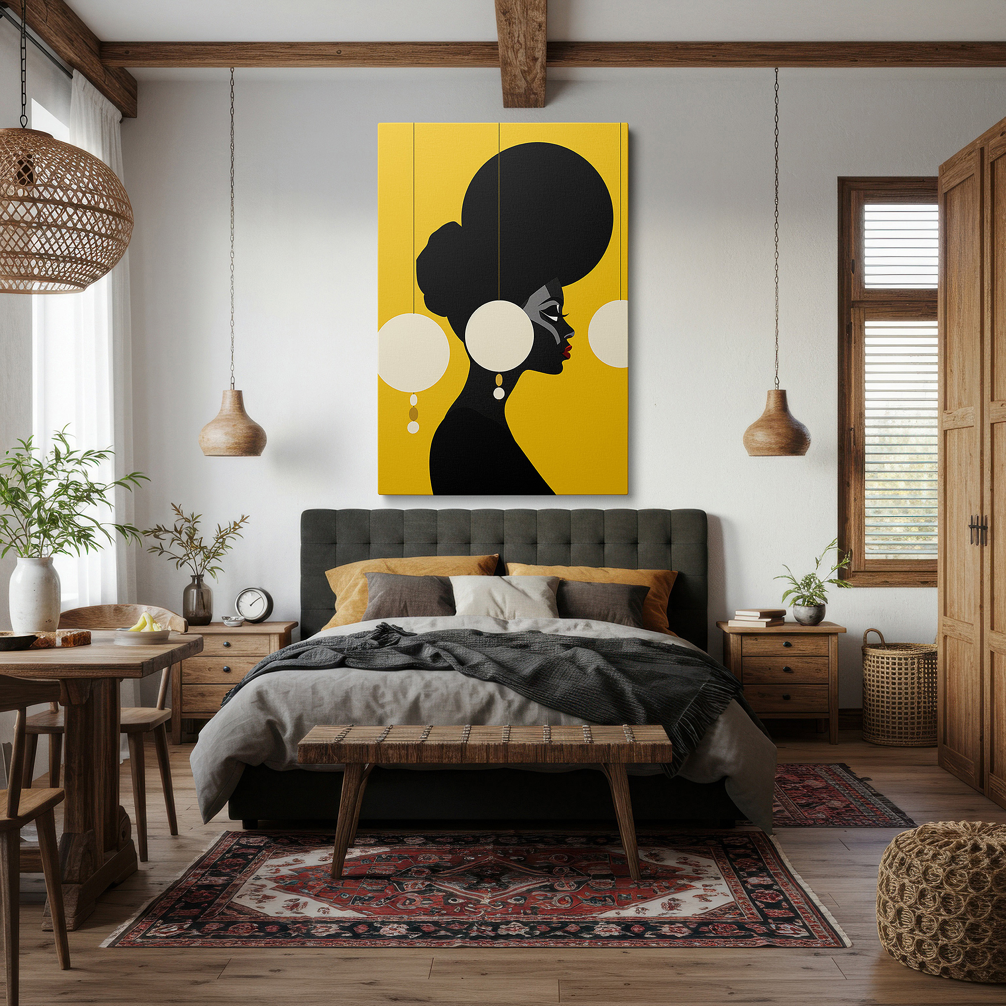 Positioned above a console table between ceramic vases — modern elegance blends with classic charm in a striking display of sophistication and style: large wall art, canvas wall art, wall decor, office wall art