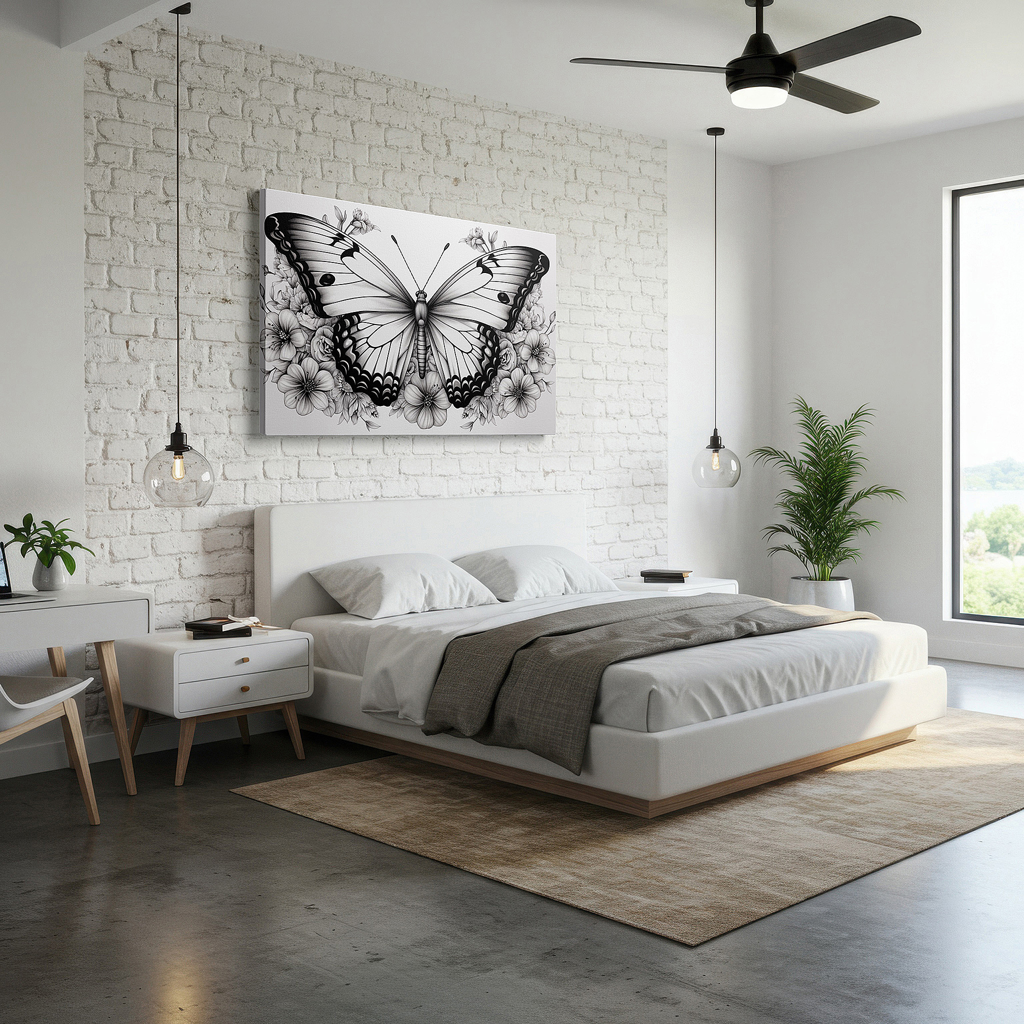 Positioned above a console table between ceramic vases — monochrome butterfly on flowers large canvas wall art for office and bedroom decor