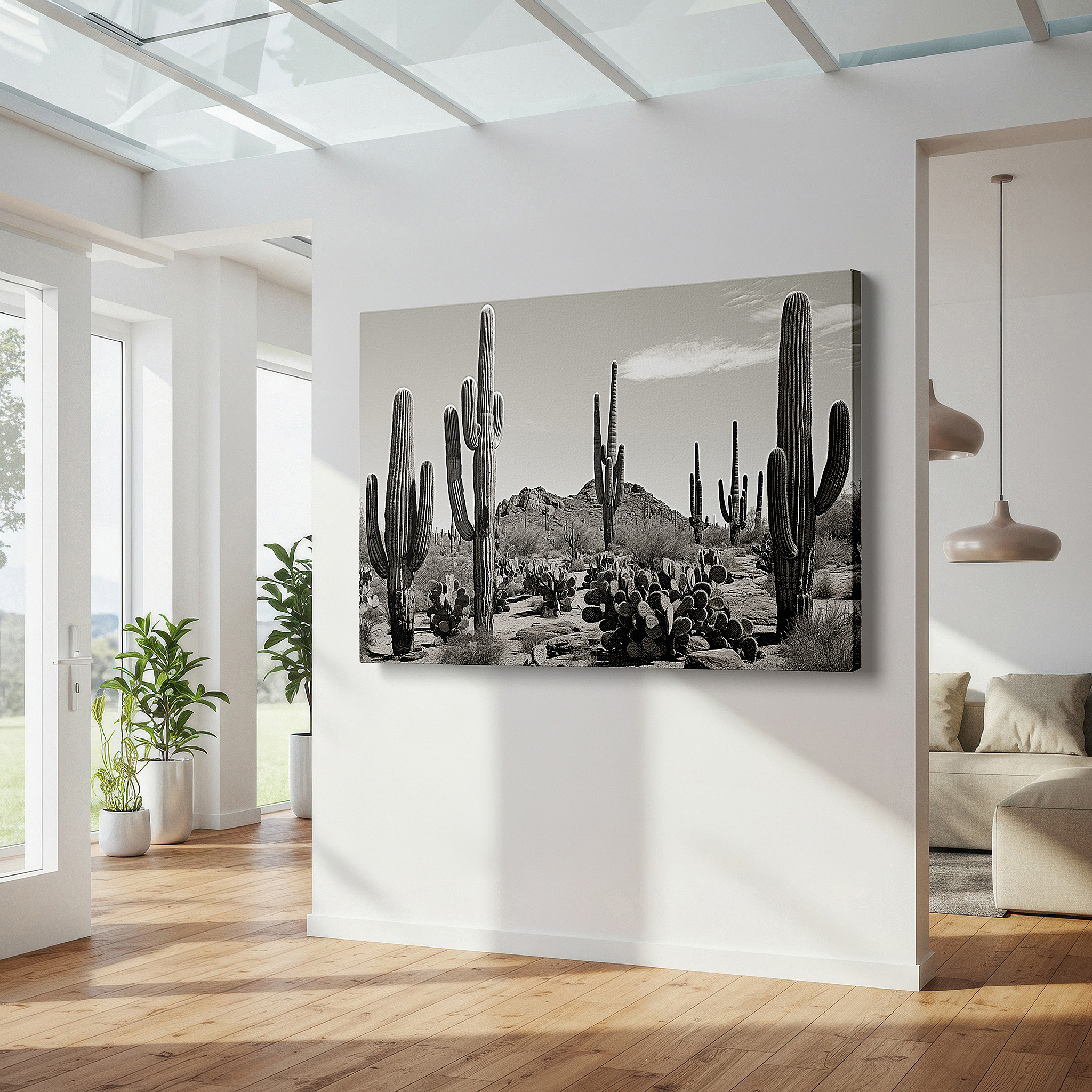 Positioned above a console table between ceramic vases — monochrome saguaro cacti majesty in a peaceful desert landscape: large wall art, canvas wall art, wall decor for office and bedroom