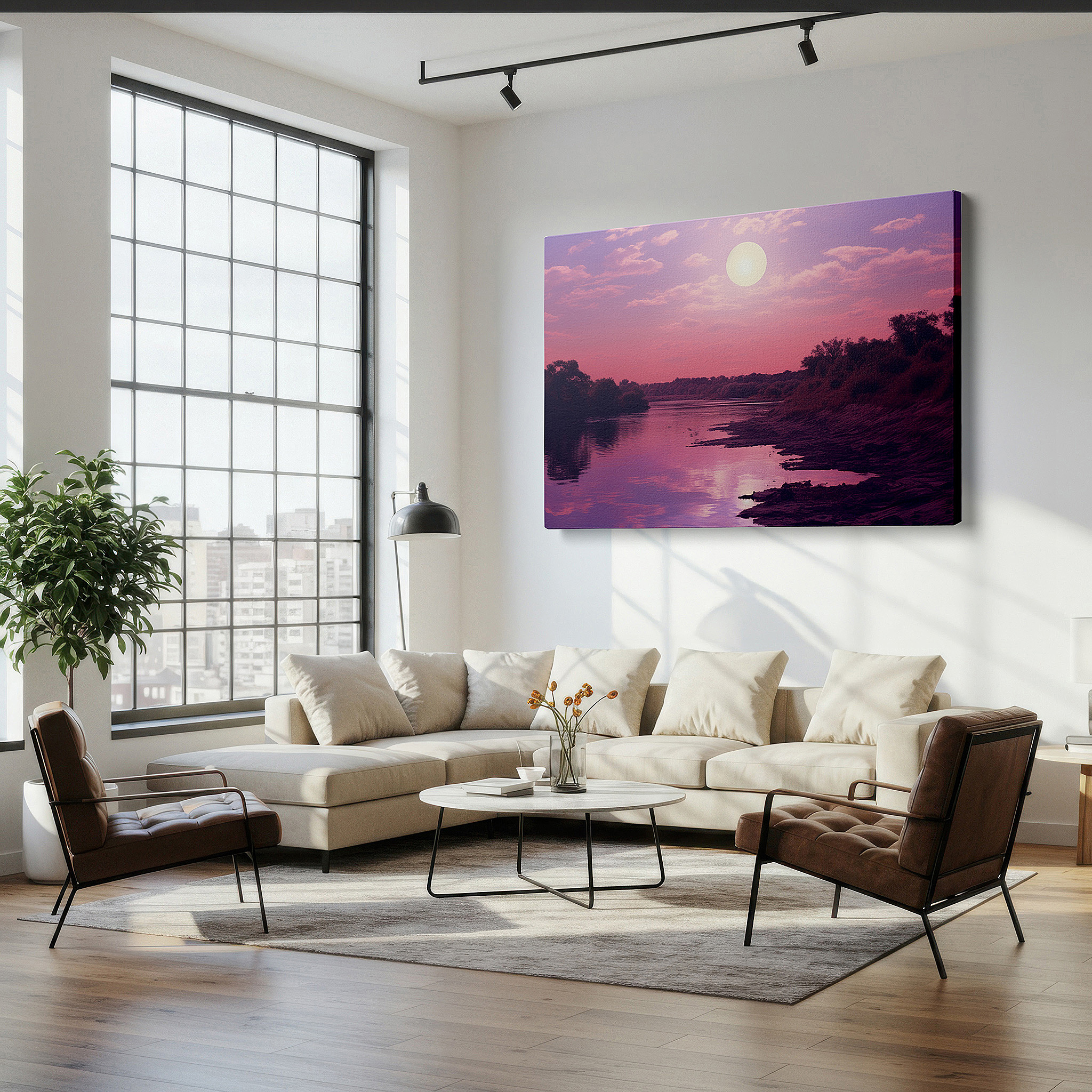 Positioned above a console table between ceramic vases — moonlit twilight by the river wall art: large canvas depicting tranquil and mystical river scene for home and office decor