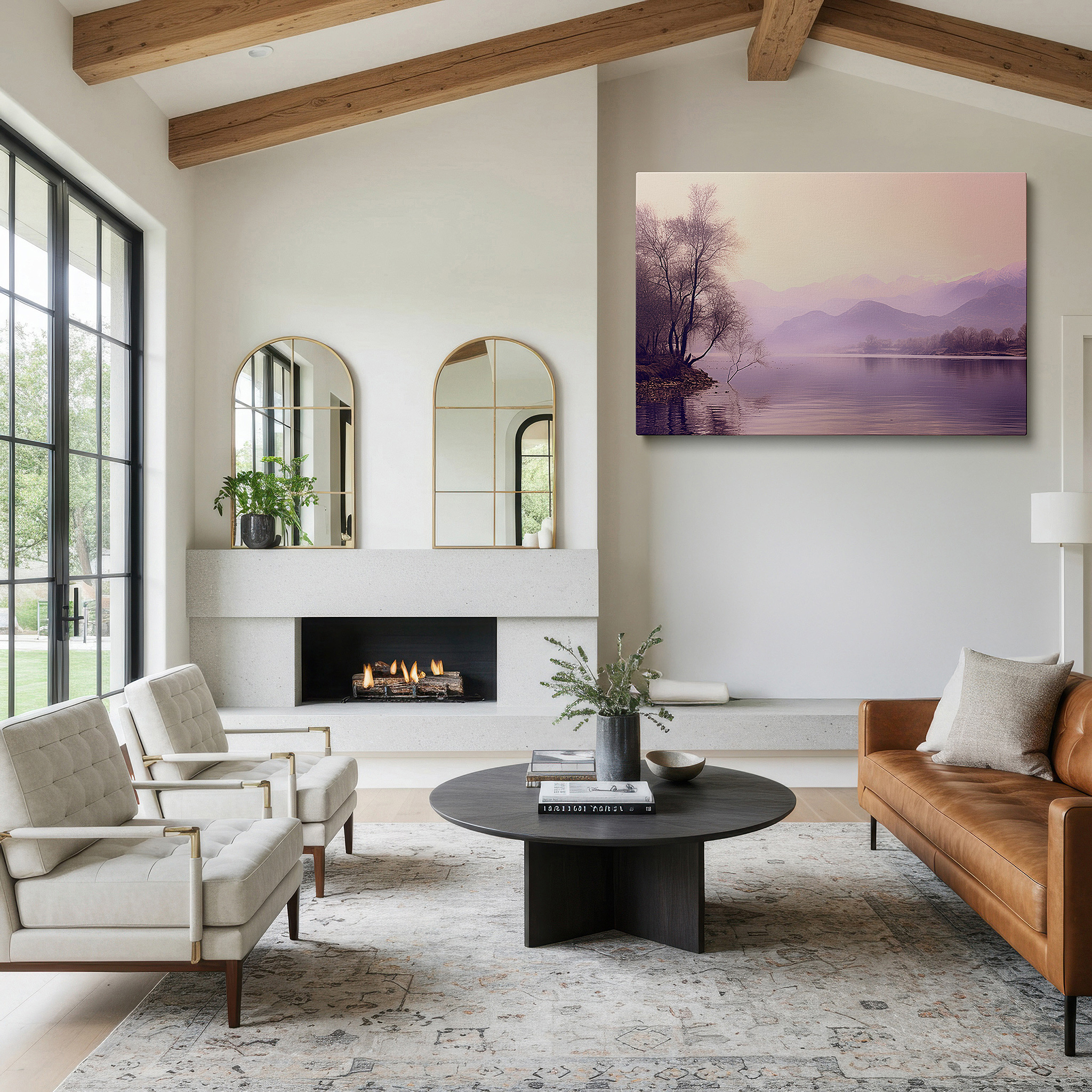 Positioned above a console table between ceramic vases — mystical landscape at the edge of reality, serene beauty among misty mountains, large wall art, canvas wall art, wall decor for office and bedroom