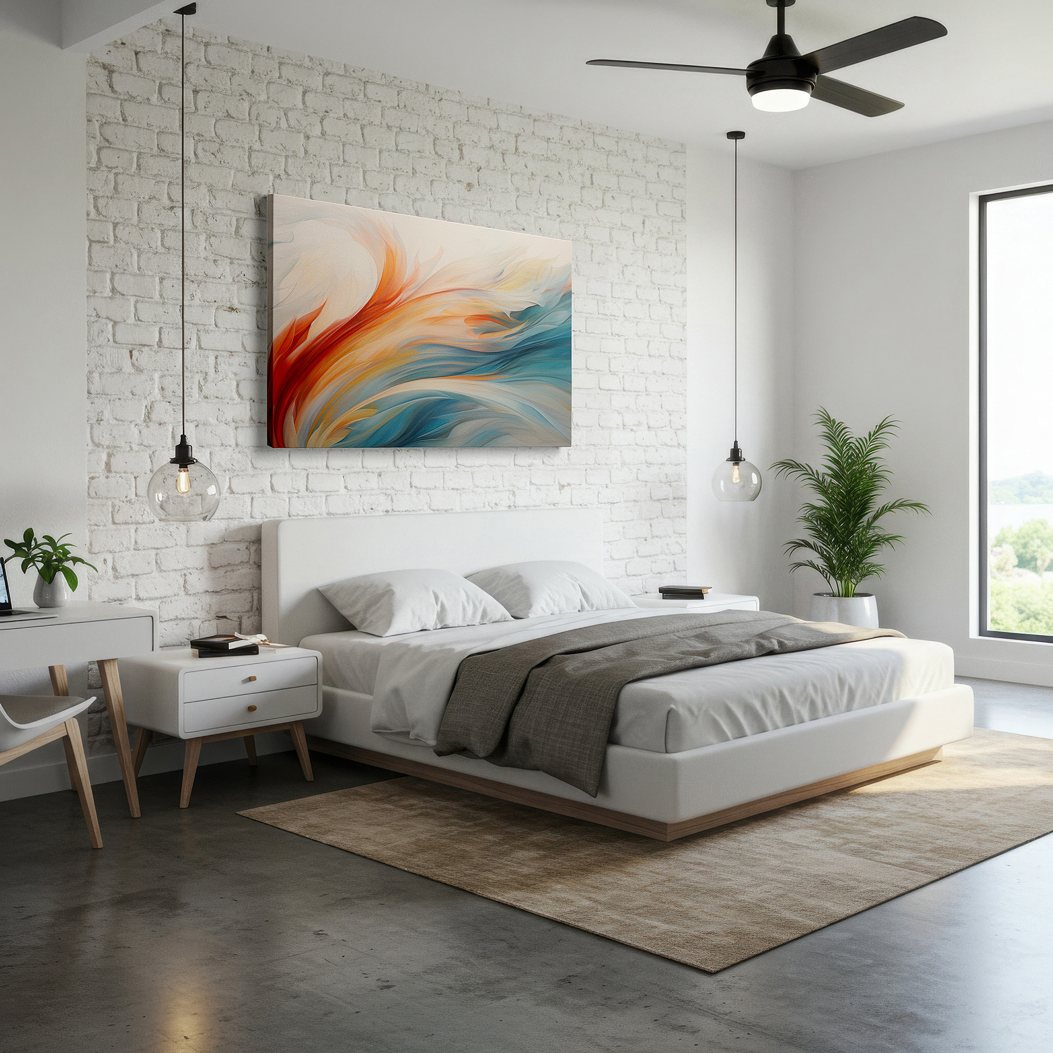 Positioned above a console table between ceramic vases — orange, blue, and white ethereal waves - tranquil abstract masterpiece for modern spaces: large wall art, canvas wall art, wall decor for offices