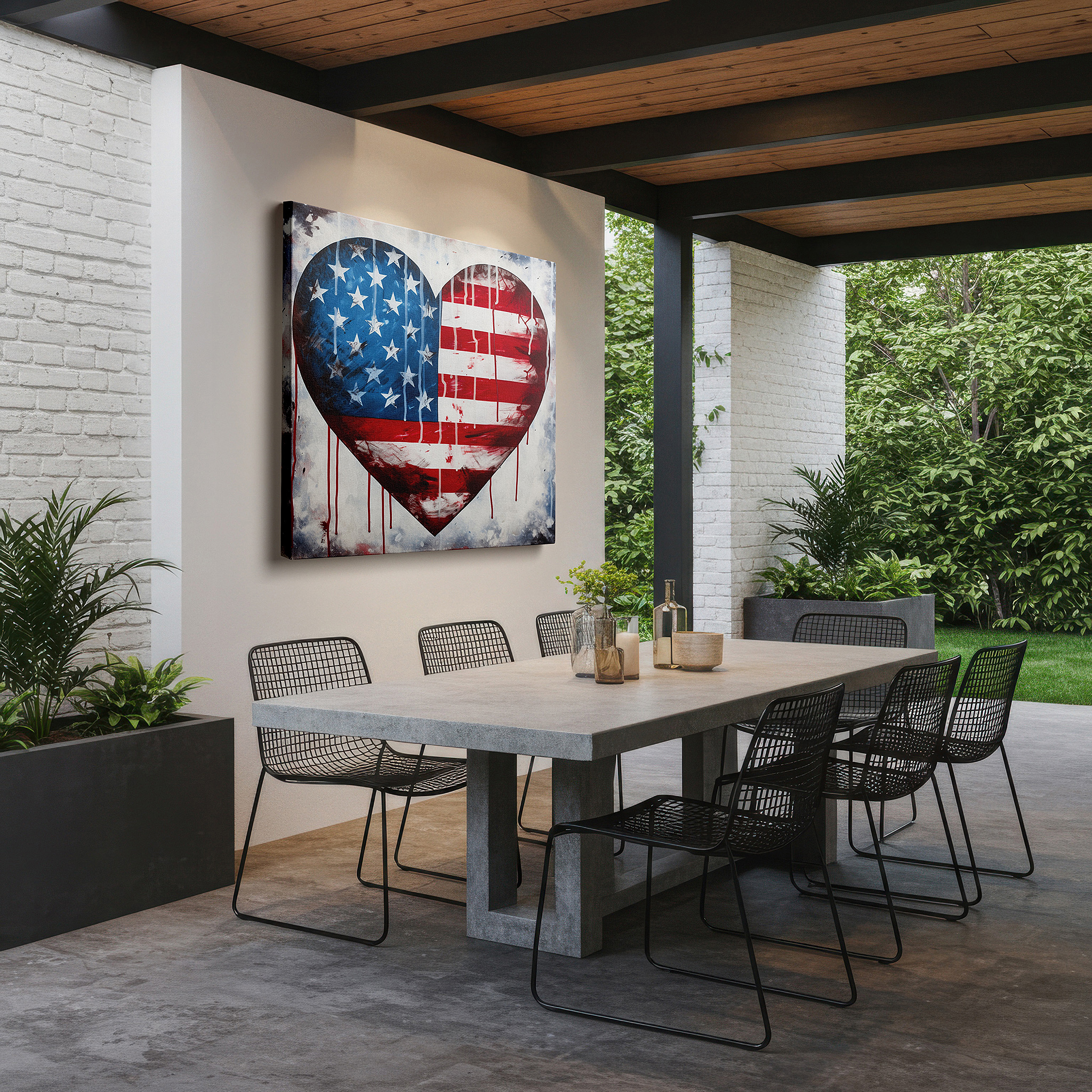 Positioned above a console table between ceramic vases — patriotic american flag heart design in bold red, white, and blue - large canvas wall art for home and office decor
