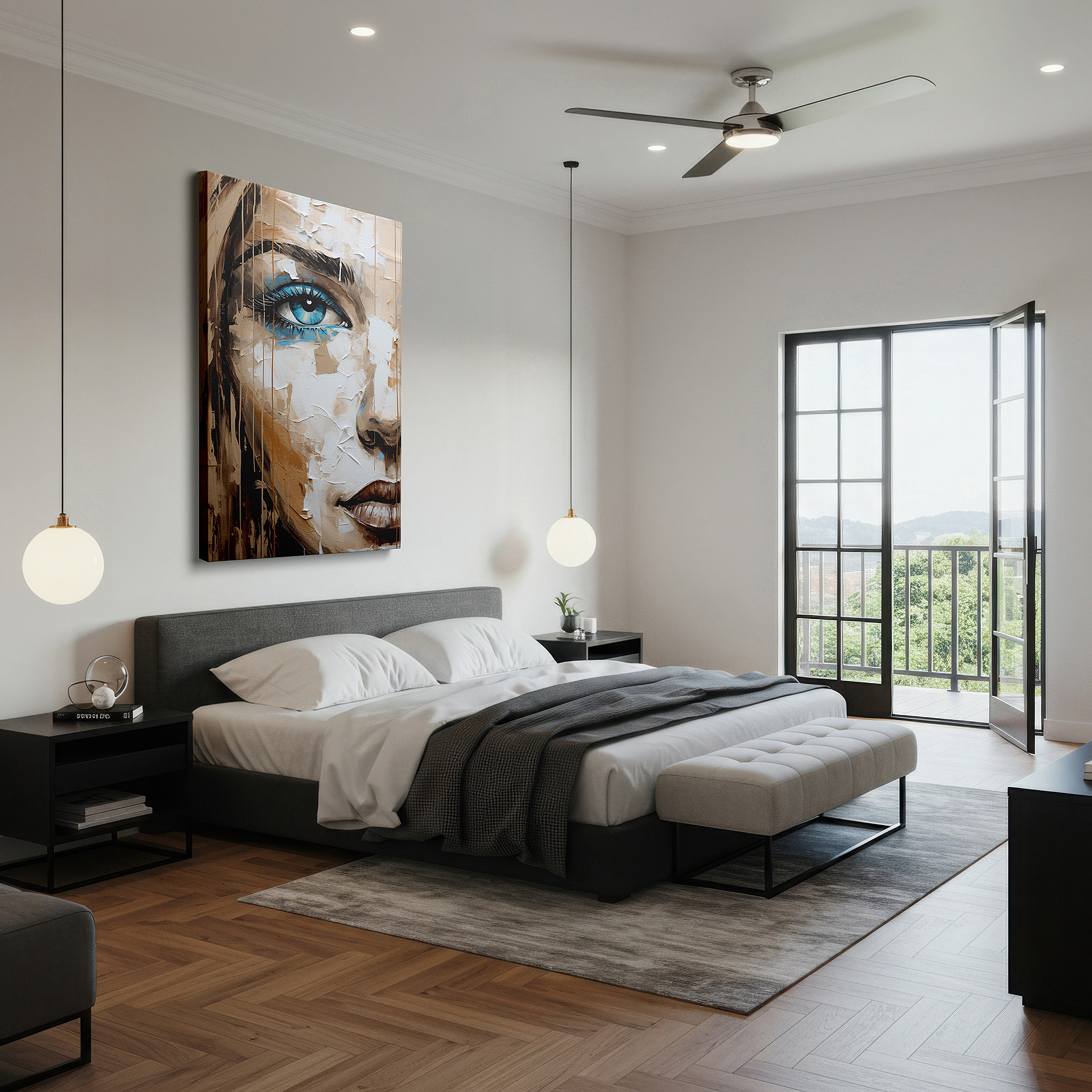 Positioned above a console table between ceramic vases — resilient intimacy: masterfully expressing human emotion and beauty - large wall art, canvas wall art, wall decor for office