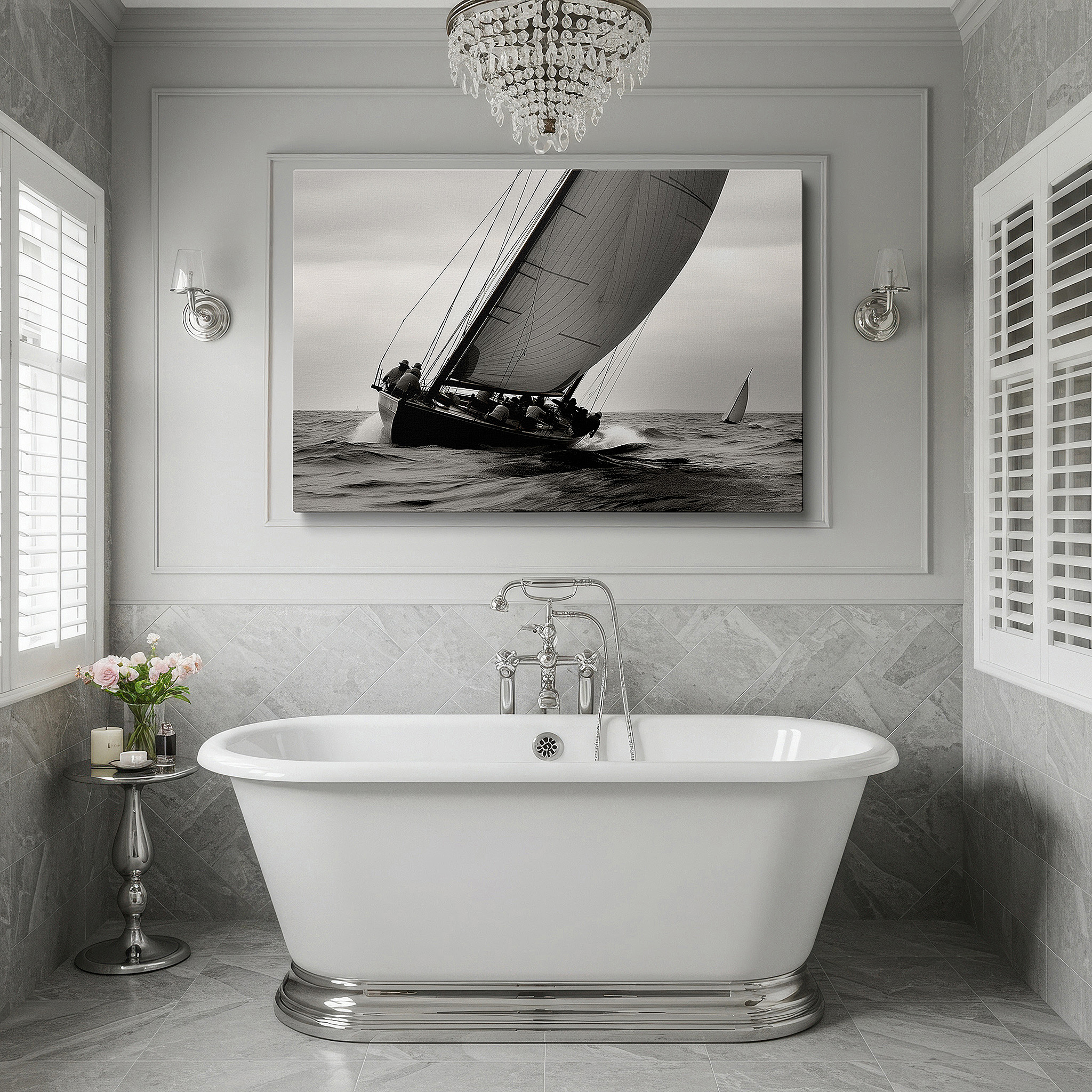 Positioned above a console table between ceramic vases — sailboat amidst stormy seas wall art - a monochrome tribute to adventure and resilience, perfect for office or bedroom decor, available as large canvas wall art