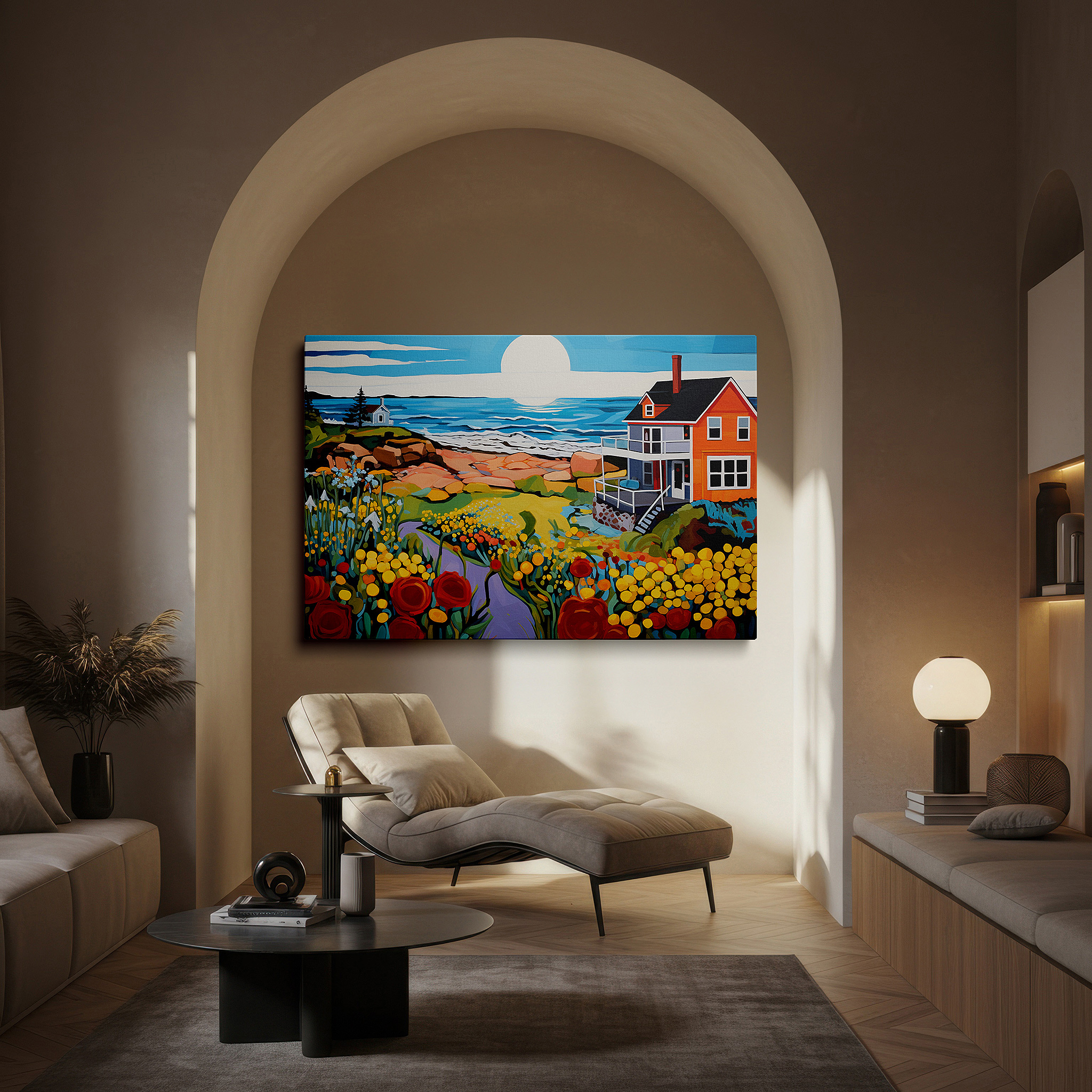 Positioned above a console table between ceramic vases — serene beach house scene: tranquil coastal elegance and nature's vibrant beauty in large canvas wall art for home and office decor