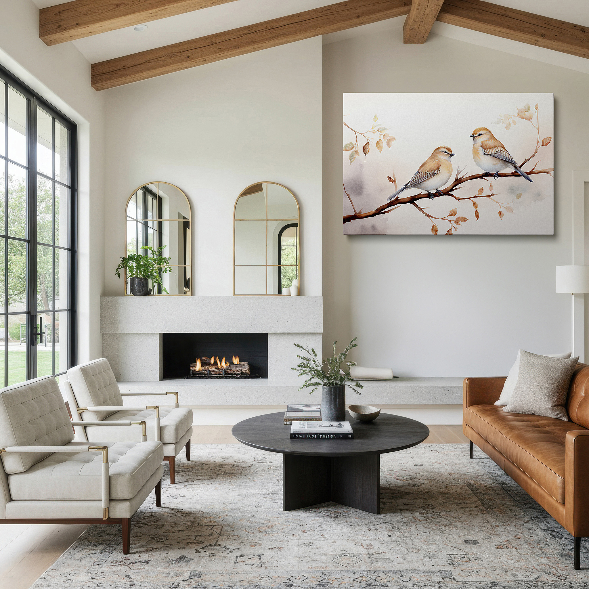 Positioned above a console table between ceramic vases — serene birds on a branch depicting love and peace in nature, large canvas wall art for home and office decor