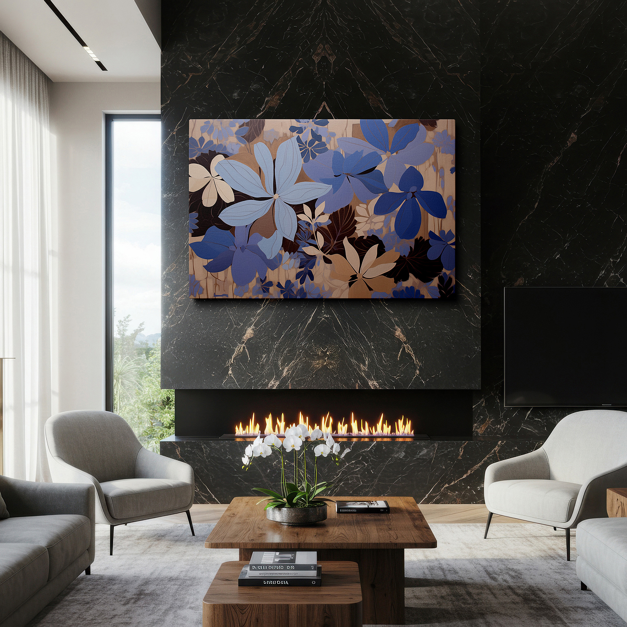 Positioned above a console table between ceramic vases — serene blue floral elegance featuring tranquil hydrangeas and soft foliage: large canvas wall art for office and bedroom decor