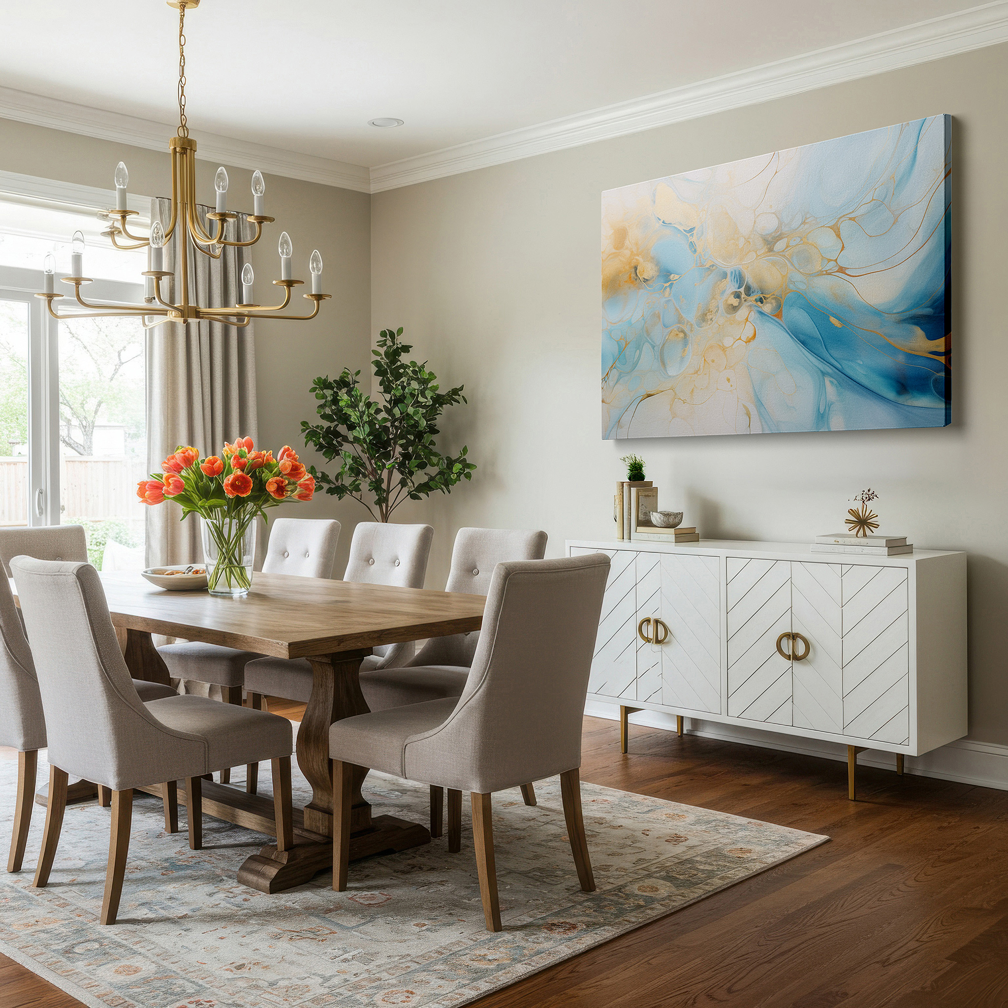 Positioned above a console table between ceramic vases — serene blues and glowing golds: a sophisticated abstract masterpiece, large canvas wall art for home and office decor