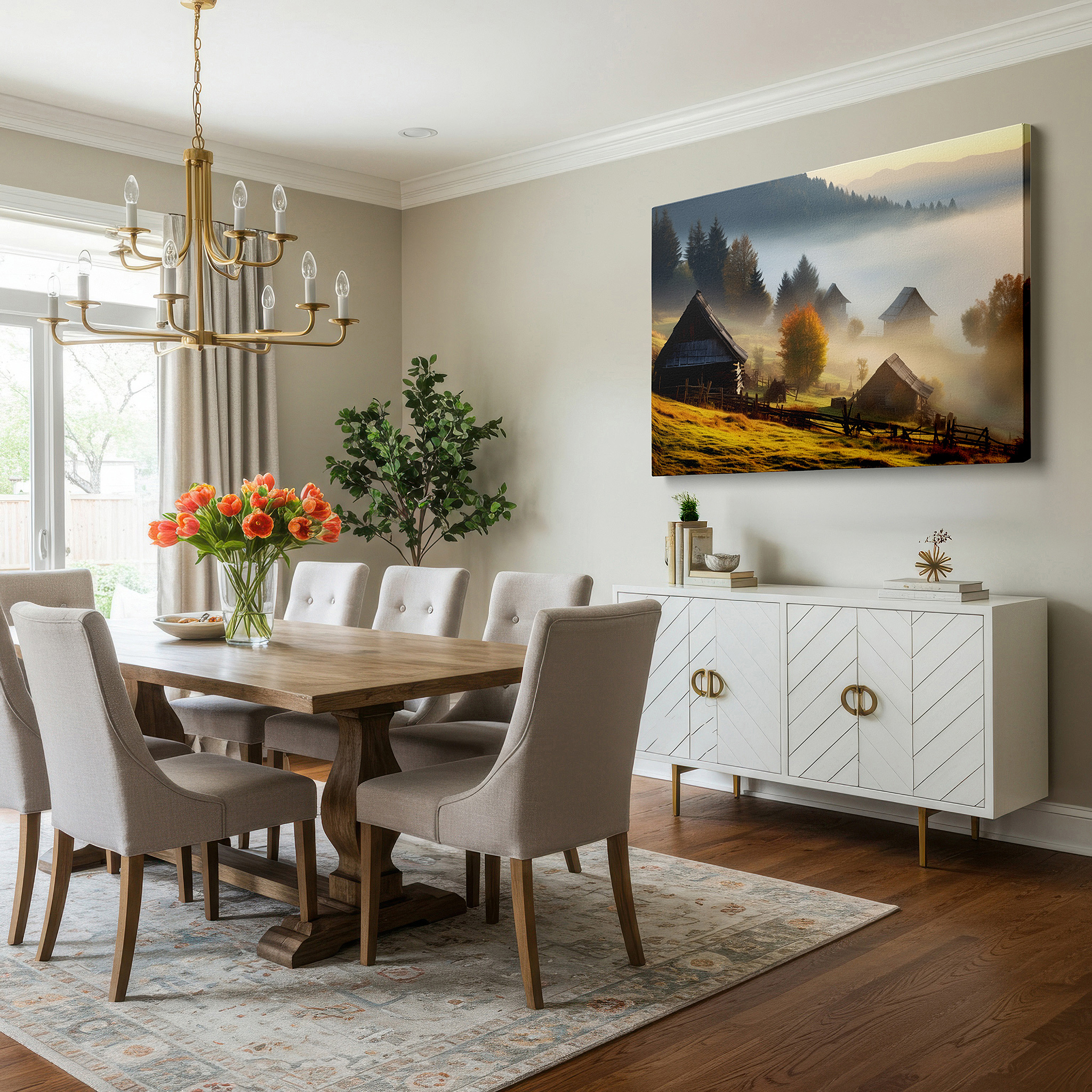 Positioned above a console table between ceramic vases — serene countryside scene with foggy autumn village large wall art, canvas wall art, wall decor for office, bedroom, and living room