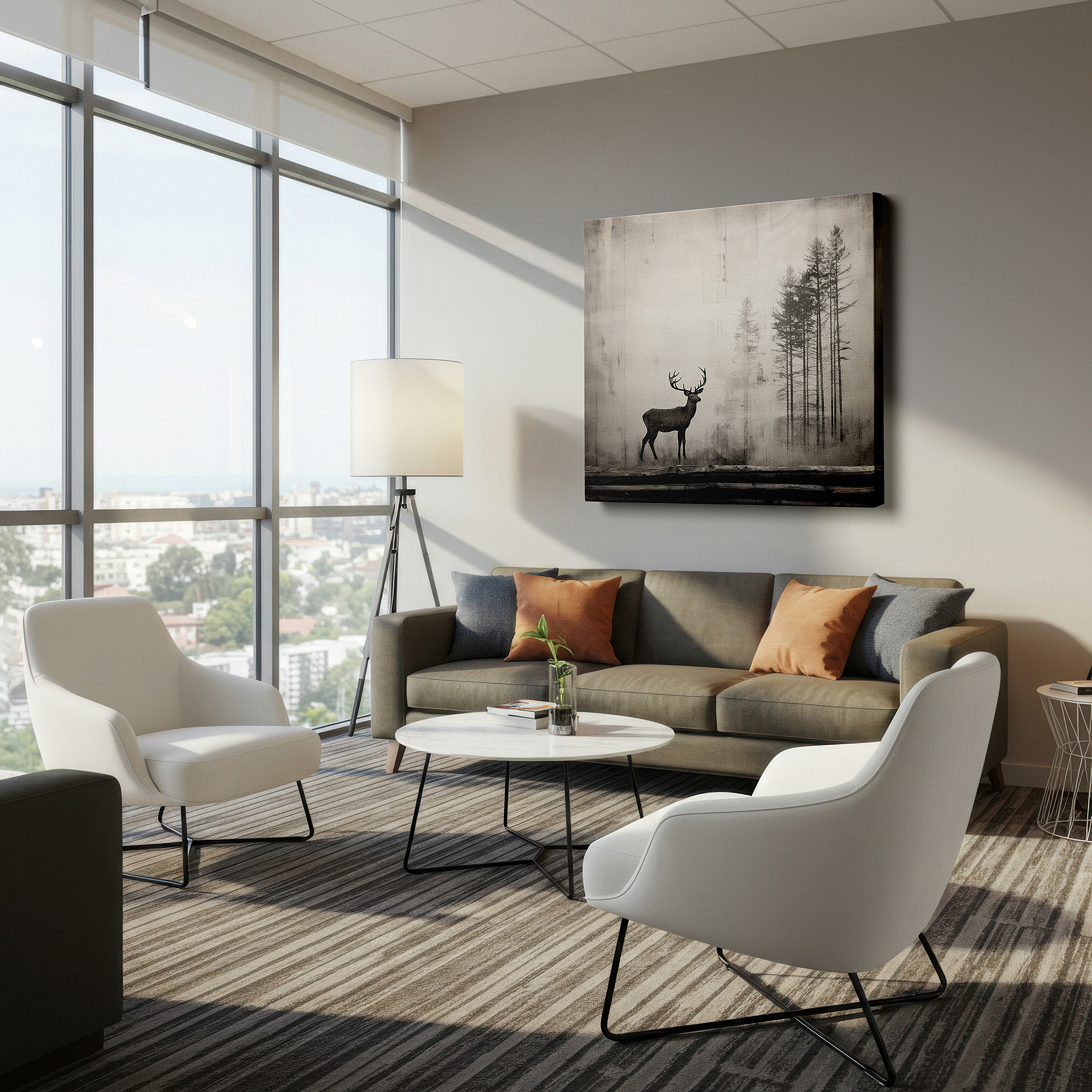 Positioned above a console table between ceramic vases — serene deer silhouette in a misty forest: large canvas wall art for a calming ambiance in bedrooms and offices