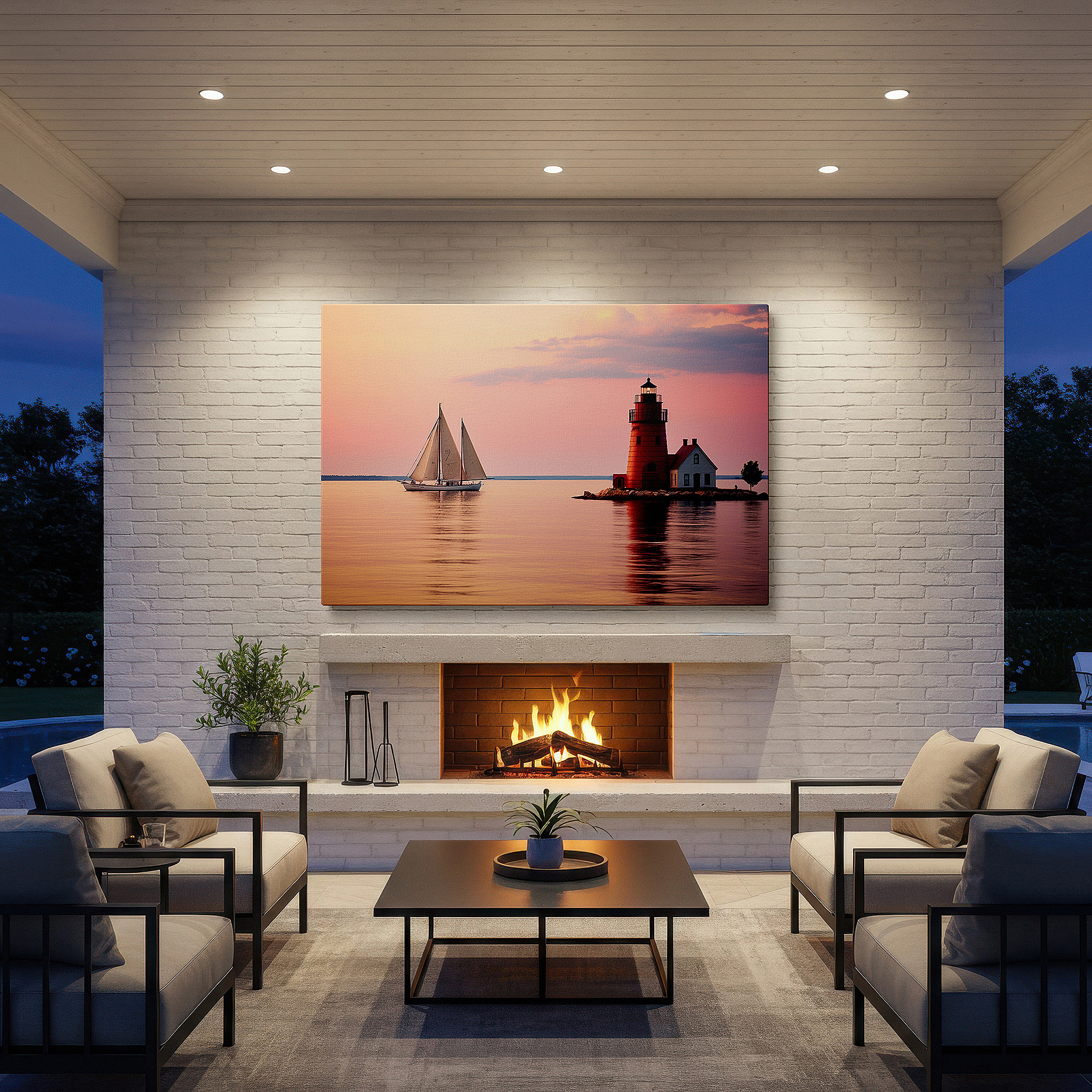 Positioned above a console table between ceramic vases — serene maritime canvas art featuring red lighthouse and sailboat at twilight - large wall decor for office and bedroom