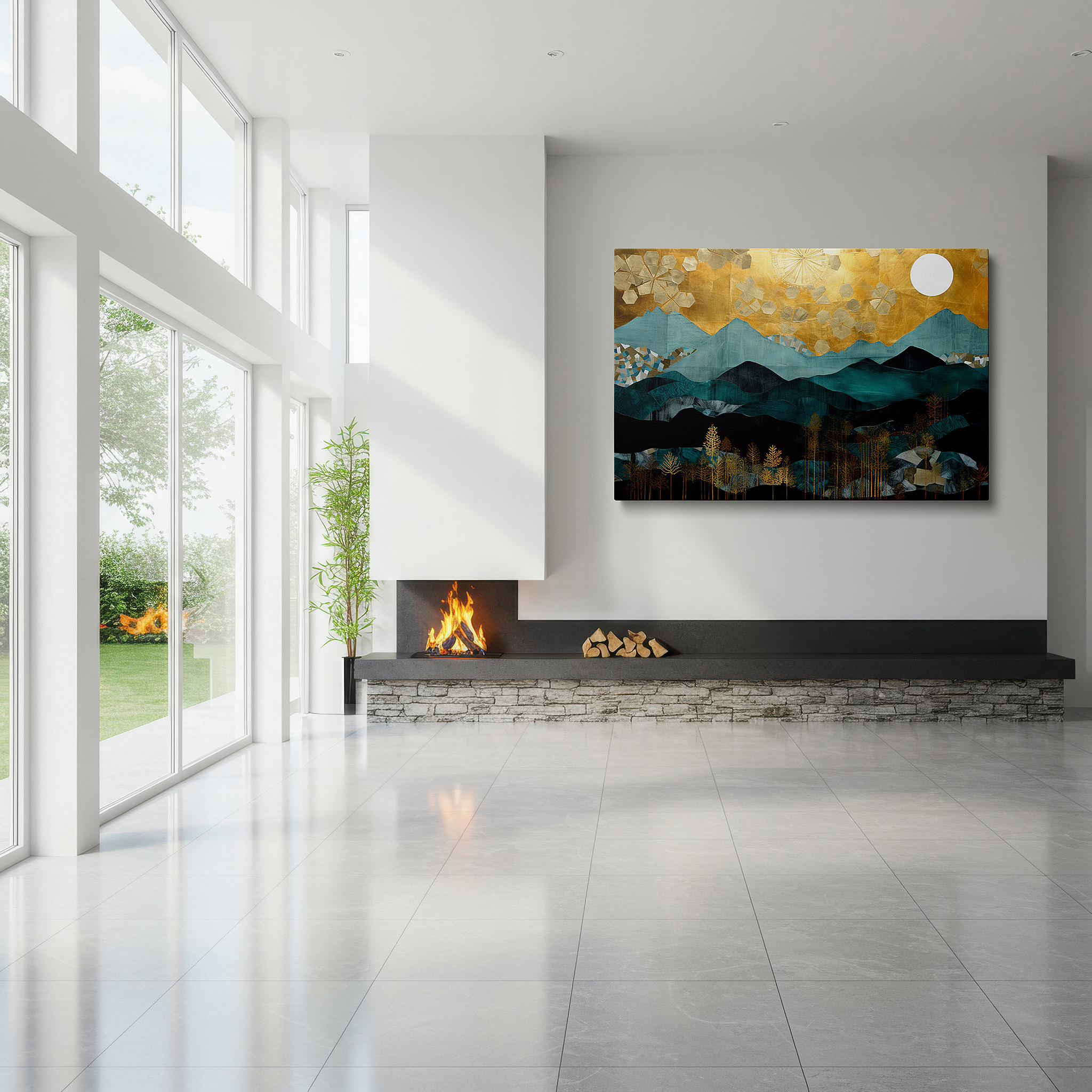 Positioned above a console table between ceramic vases — serene mountains and ethereal skies with subtle gold accents large wall art, canvas wall art, wall art decor, office wall art, bedroom wall art, living room wall art