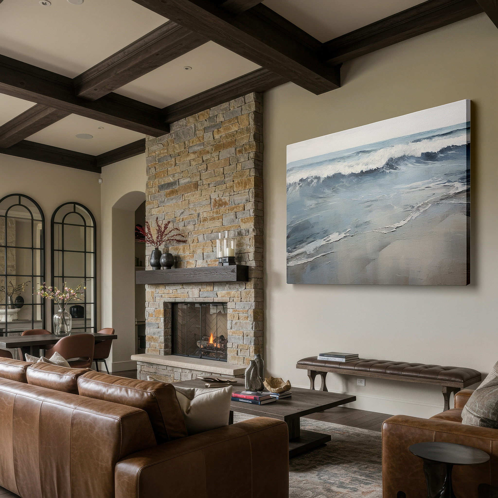 Positioned above a console table between ceramic vases — serene ocean view with soft waves and sandy beaches, large canvas wall art for home and office decor