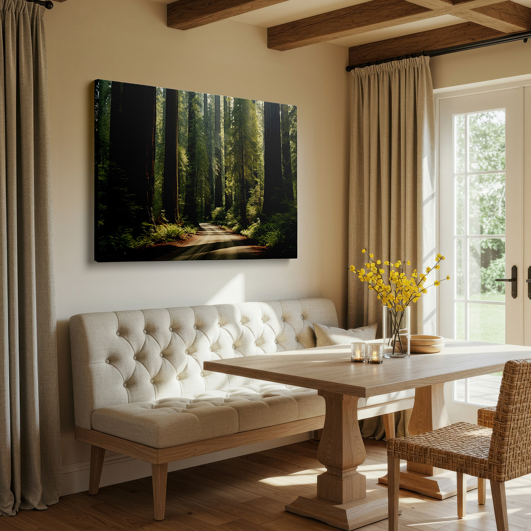 Positioned above a console table between ceramic vases — serene pathway through ancient redwoods: tranquil nature escape large wall art, canvas wall art, wall decor for office and bedroom