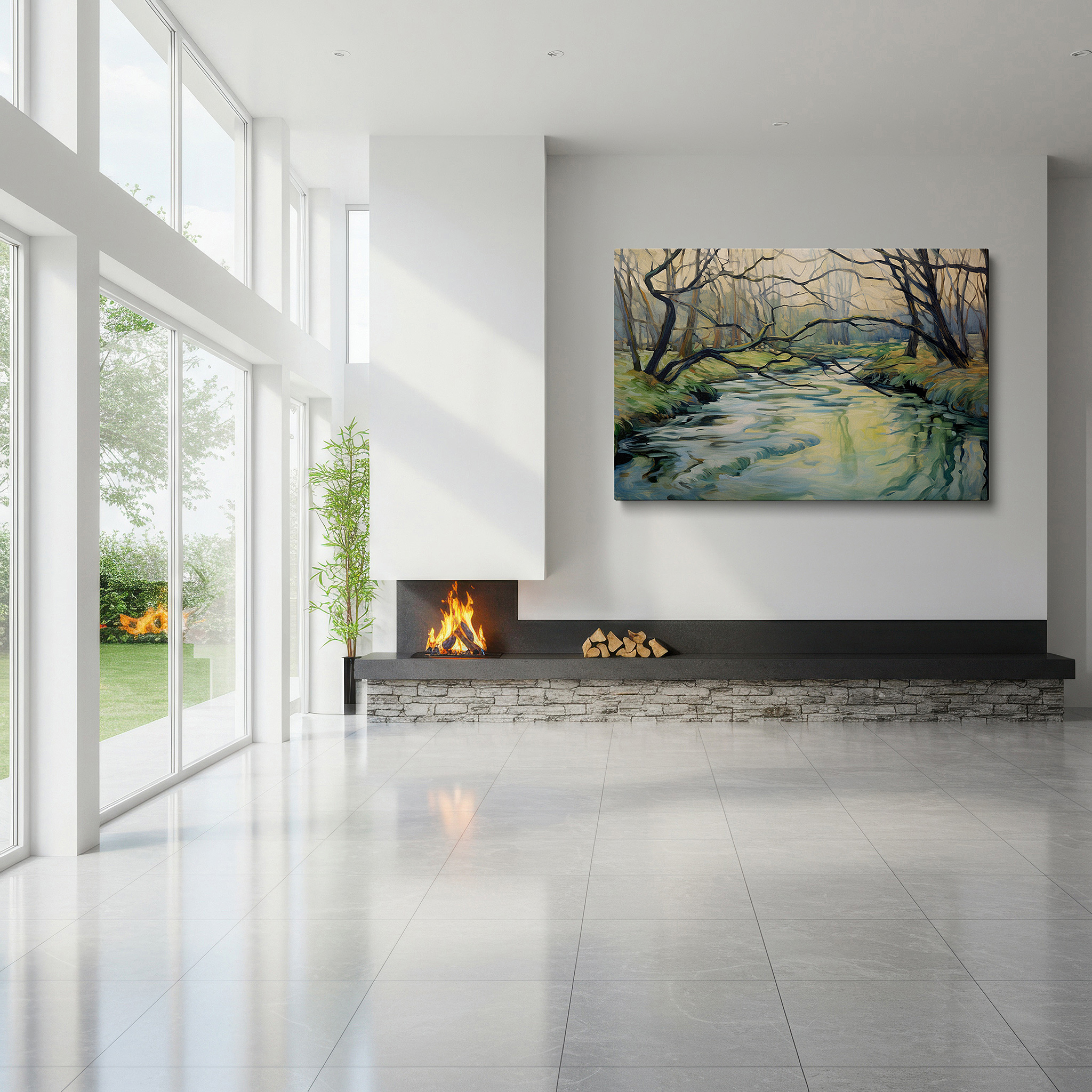 Positioned above a console table between ceramic vases — serene river amidst lush forest, tranquil nature canopy large wall art, canvas wall art, wall decor for office and bedroom