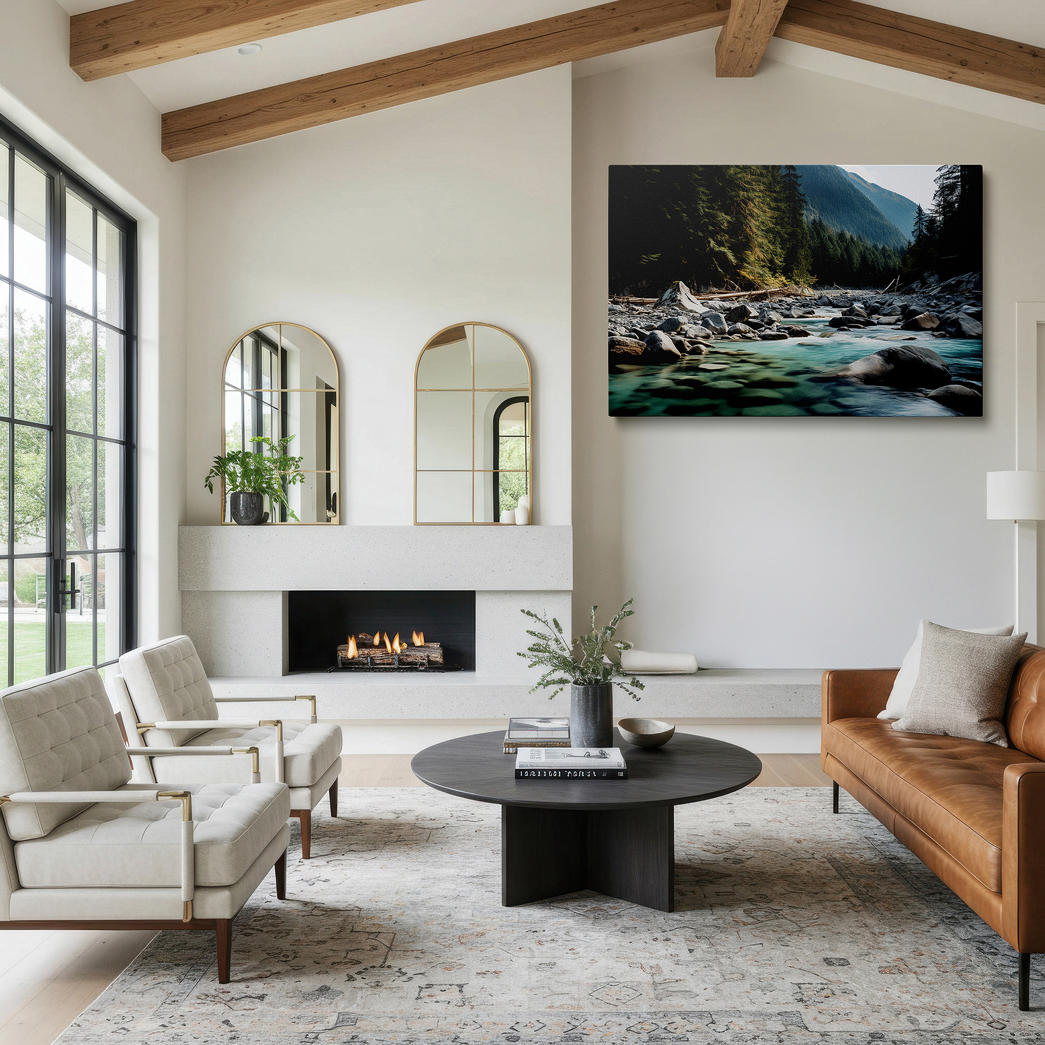 Positioned above a console table between ceramic vases — serene river and majestic mountain large canvas wall art for office and bedroom decor