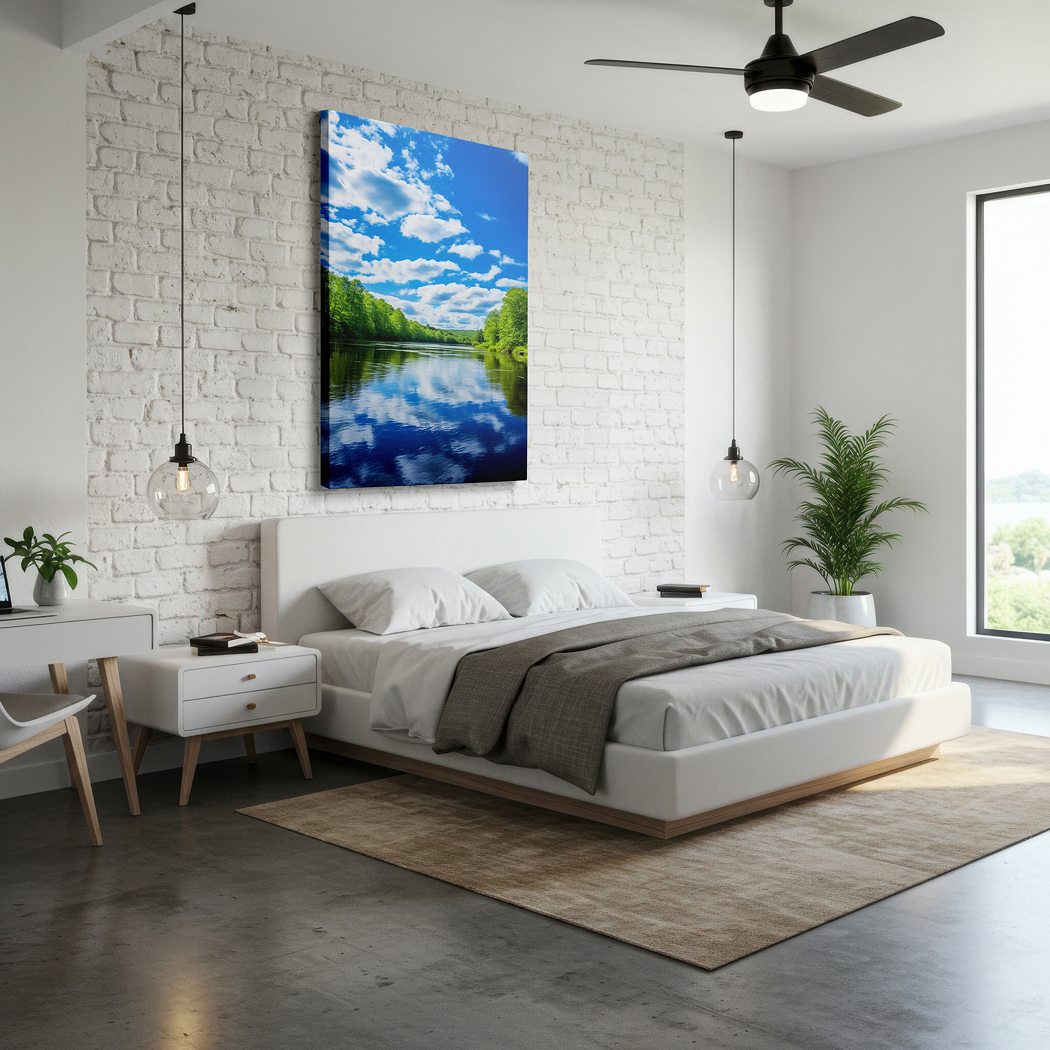 Positioned above a console table between ceramic vases — serene riverscape and sky reflections: tranquil nature interplay large wall art, canvas decor for office and bedroom